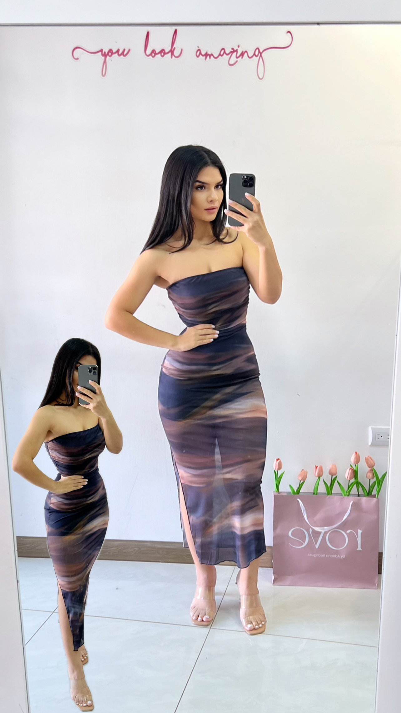 Vestido strapless midi con abertura tie dye - Crema con negro