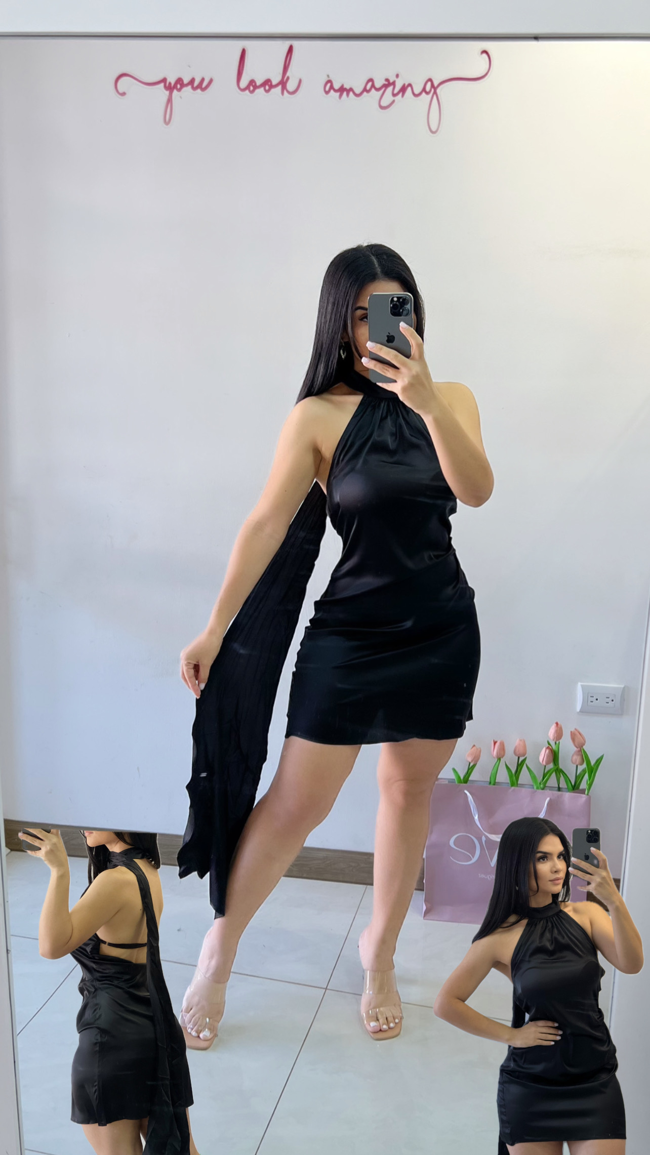 Vestido corto saten y cuello con tira suelta - Negro