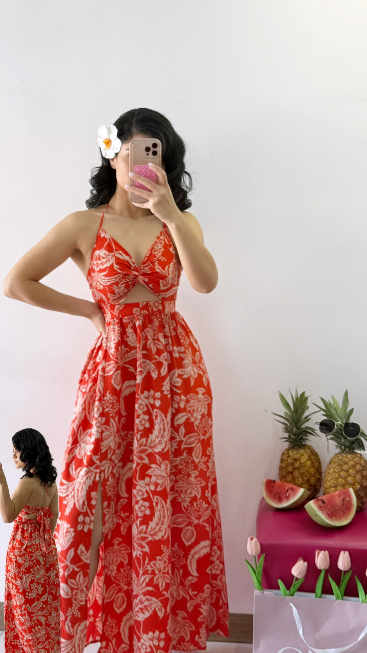 Vestido largo - Naranja con crema veranero