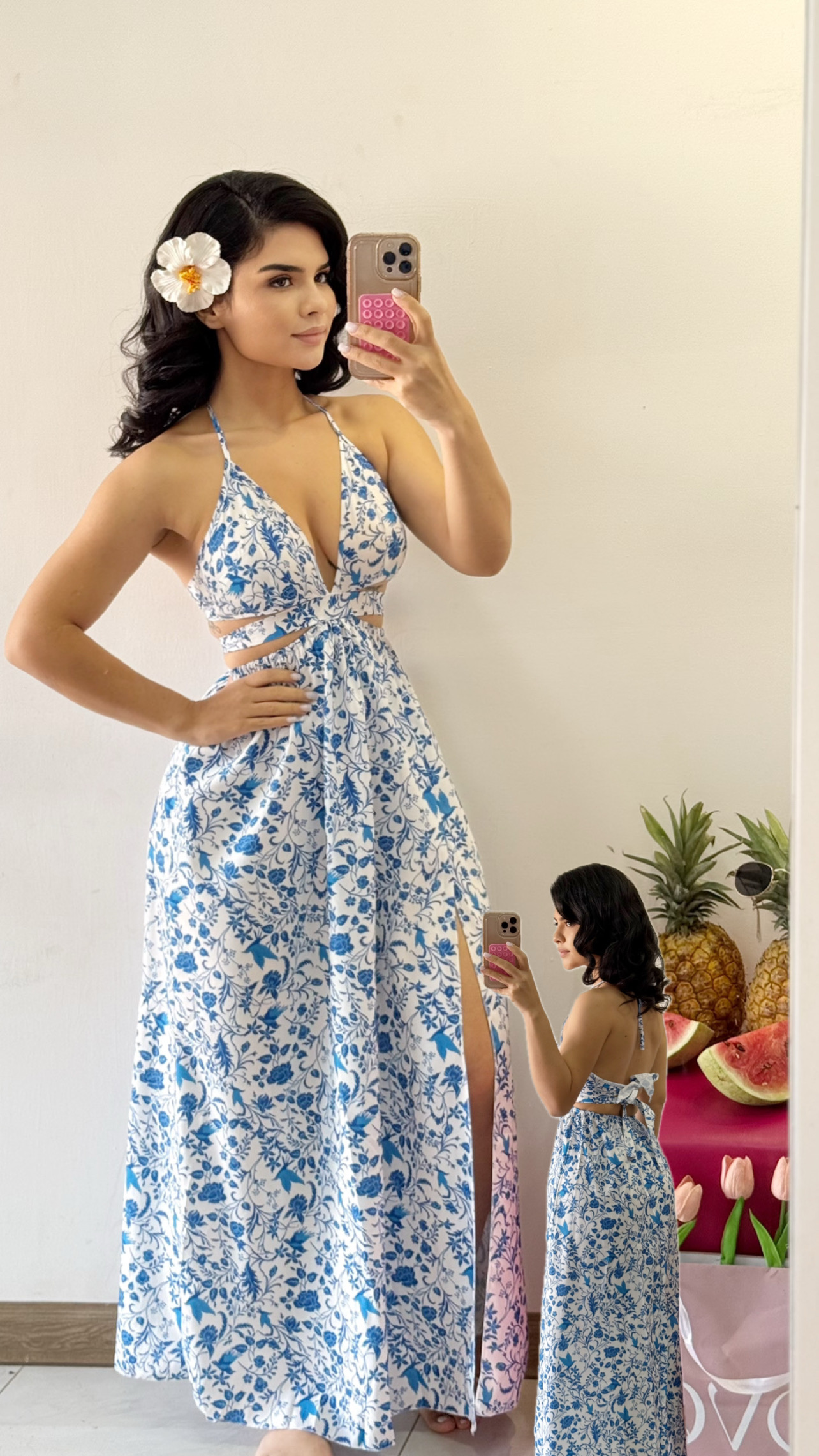 Vestido largo estampado florar con abertura - Celeste y blanco