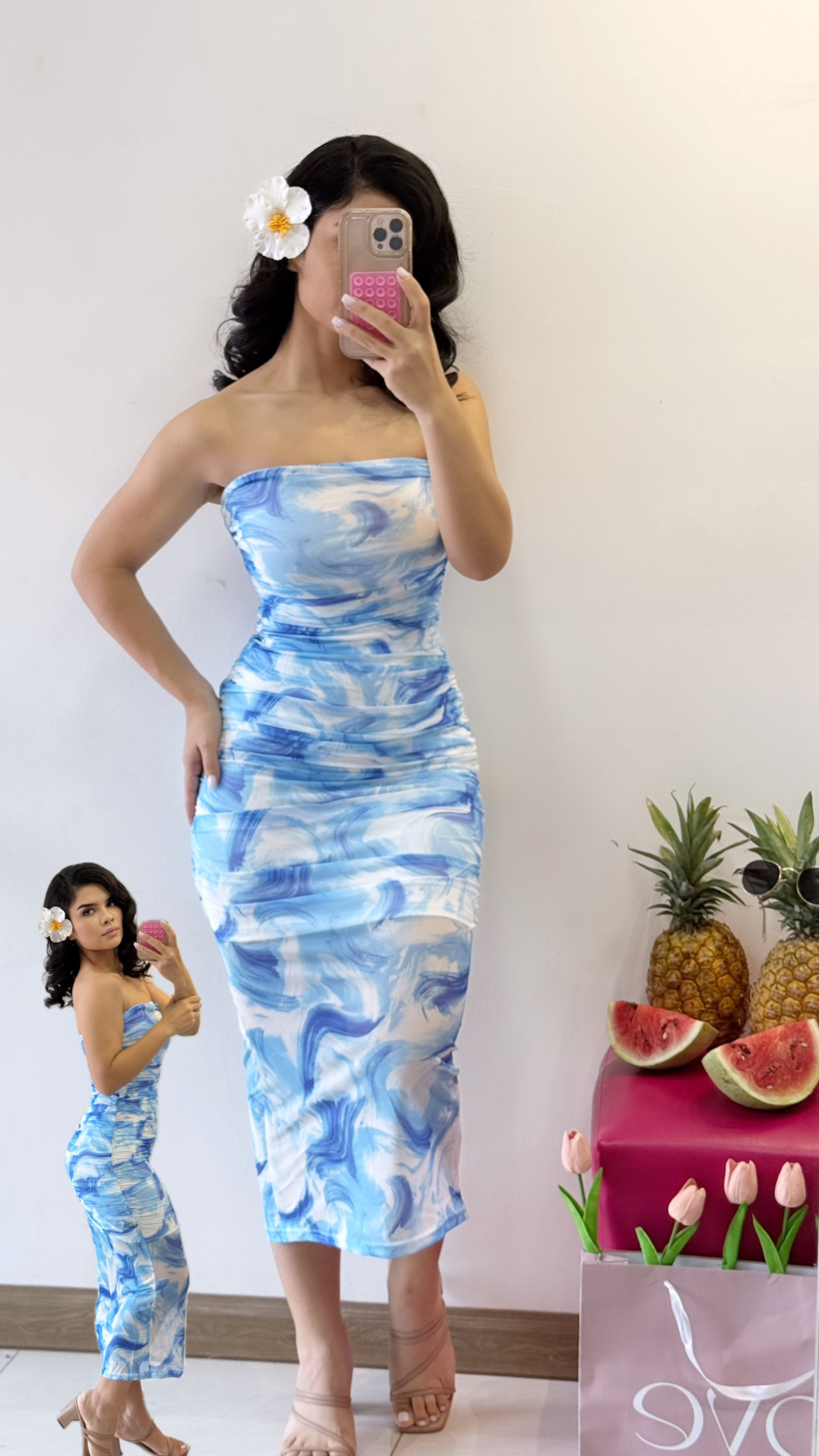 Vestido strapless olas - Azul con blanco