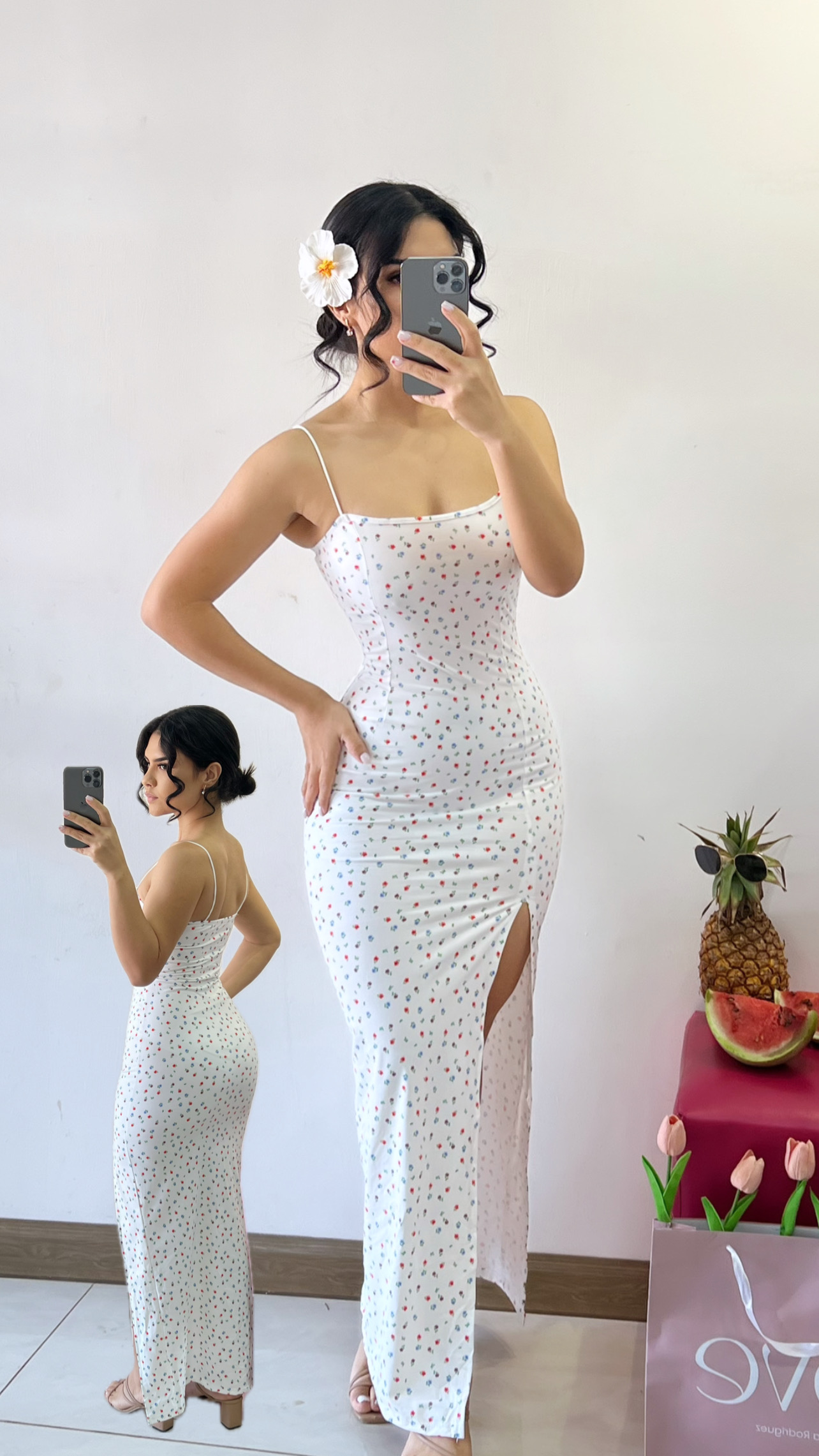 Vestido largo de tirantes - Blanco con flores de colores