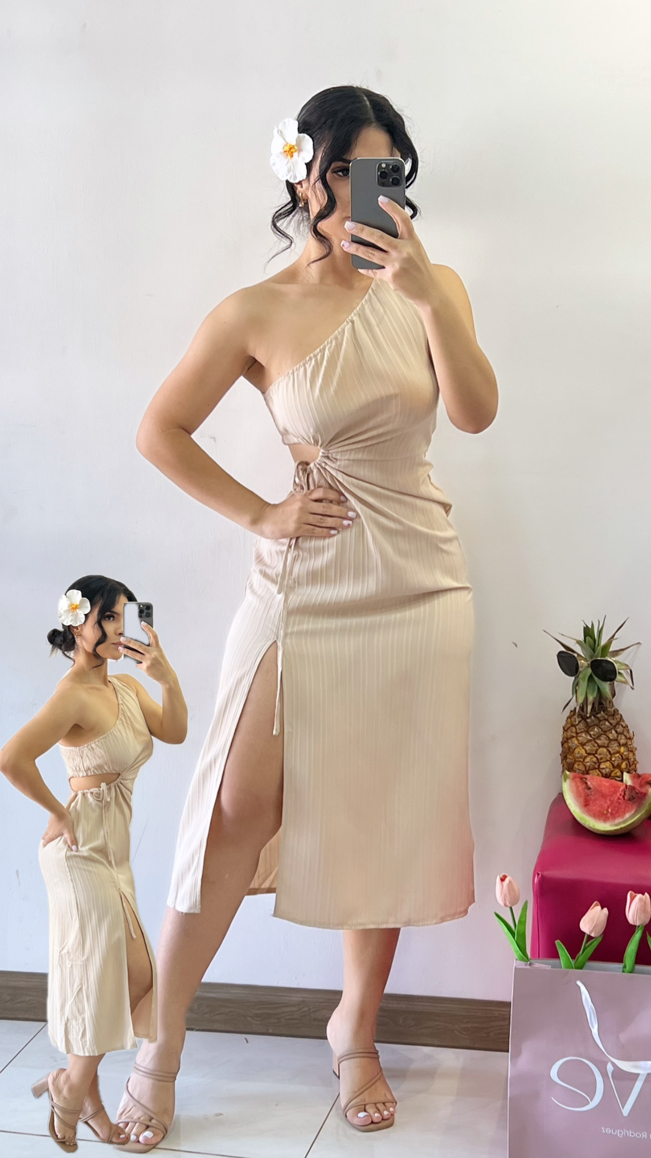 Vestido midi con abertura recogida - Caqui