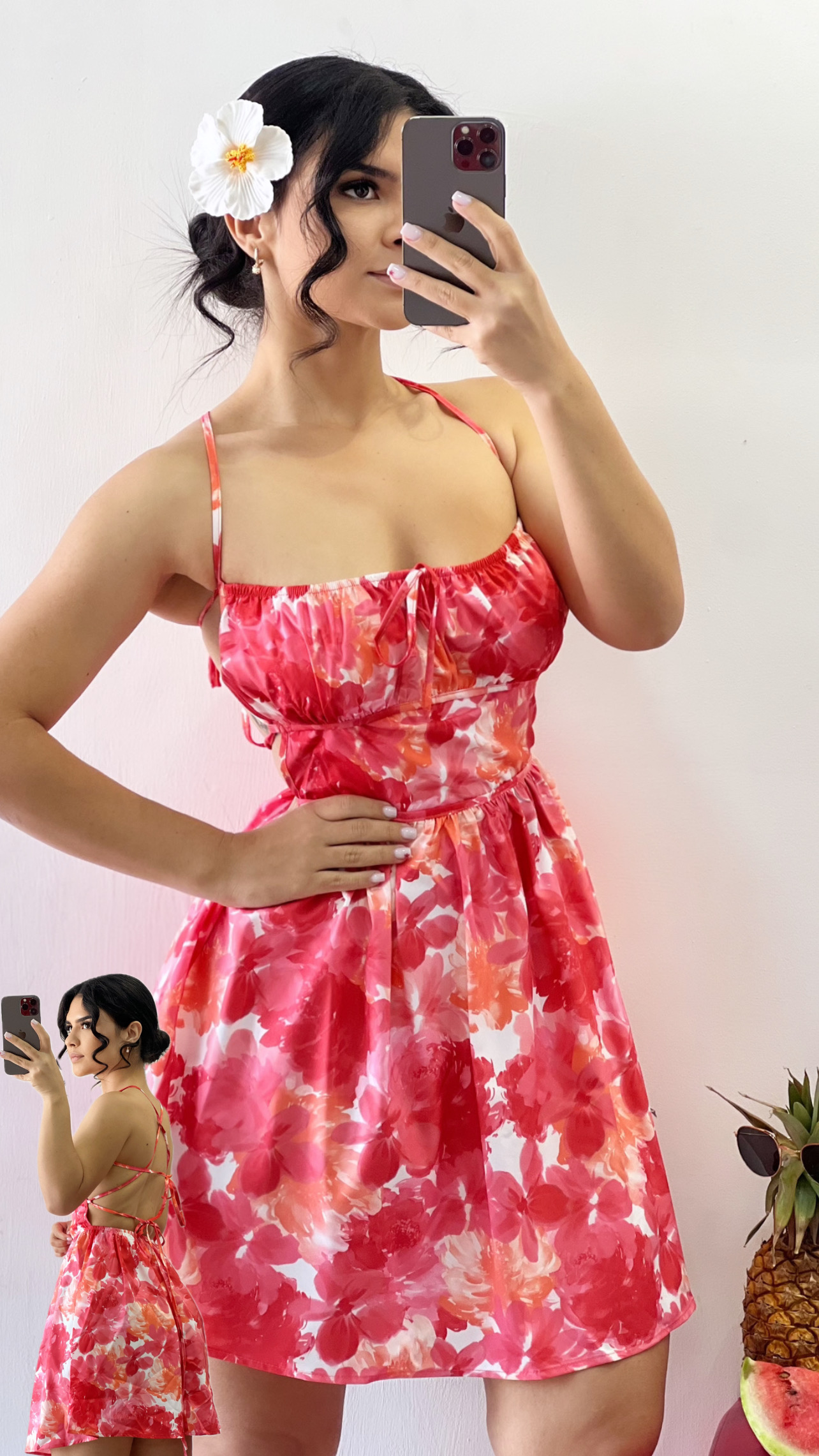 Vestido corto estampado floral espalda cruzada - Naranja + rojo