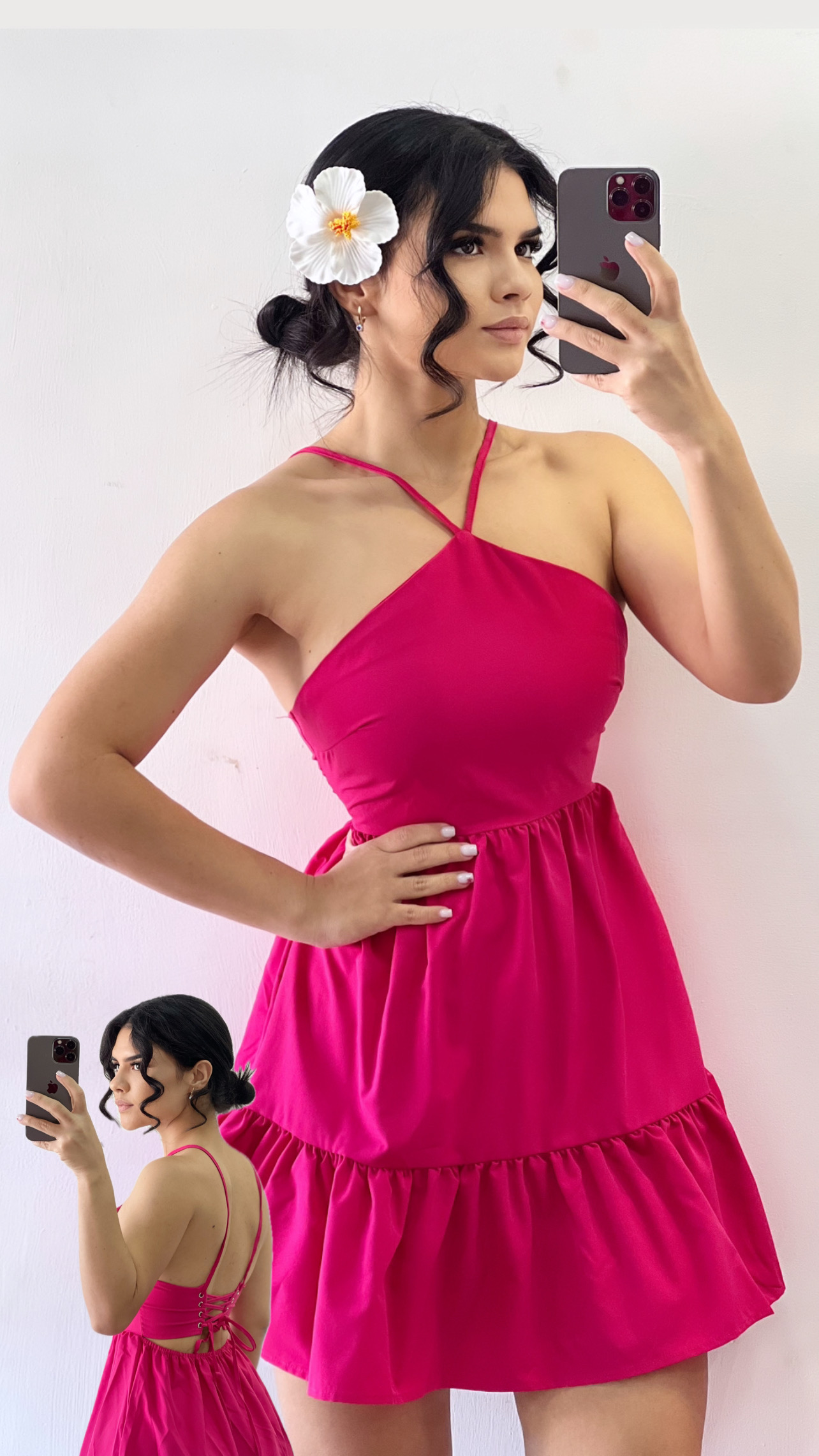 Vestido corto espalda corsé - Fucsia