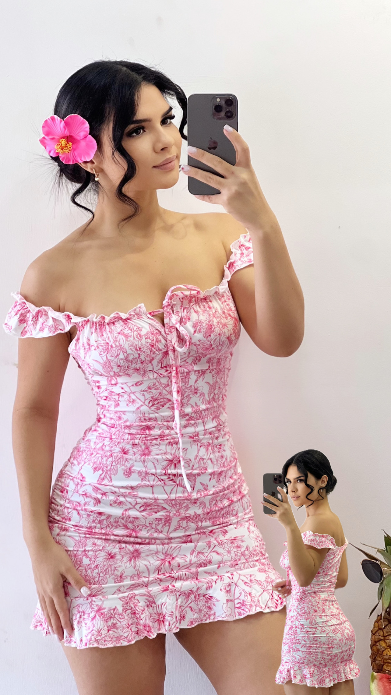 Vestido midi offshoulder - Estampado floral rosa - Blanco