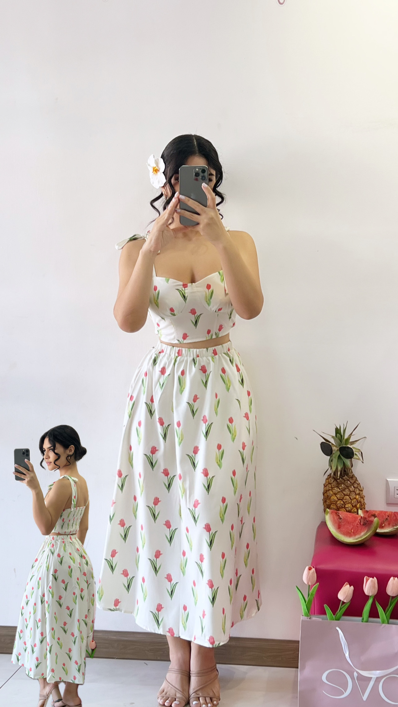 Conjunto de croptop + midifalda - Print de tulipanes