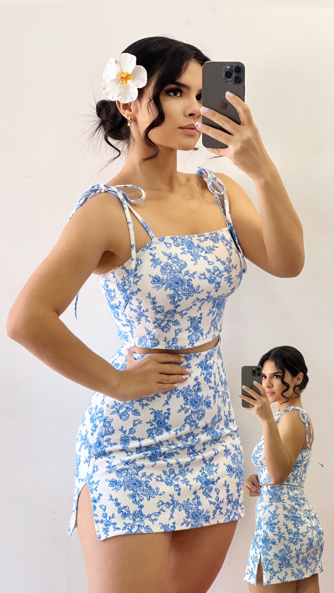 Conjunto Croptop + minifalda - Print celeste.