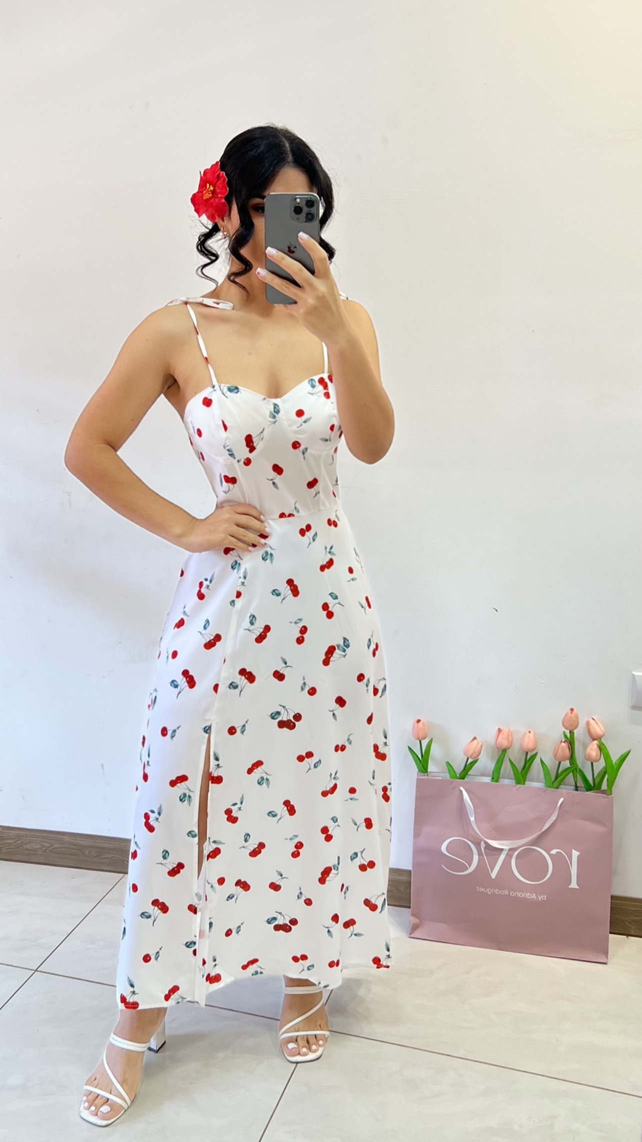 Vestido largo con estampado de cerezas - Blanco