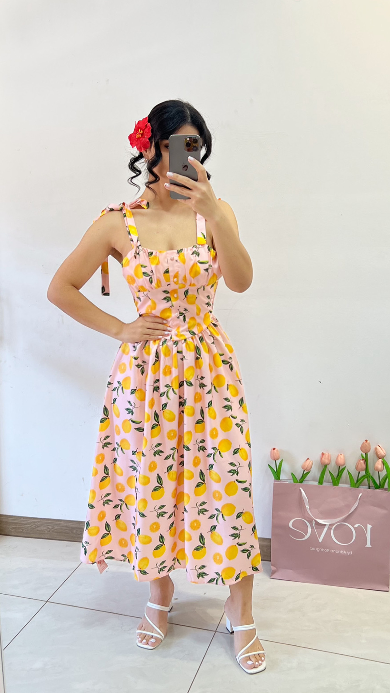 Vestido largo estampado de limones - Rosa con amarillo
