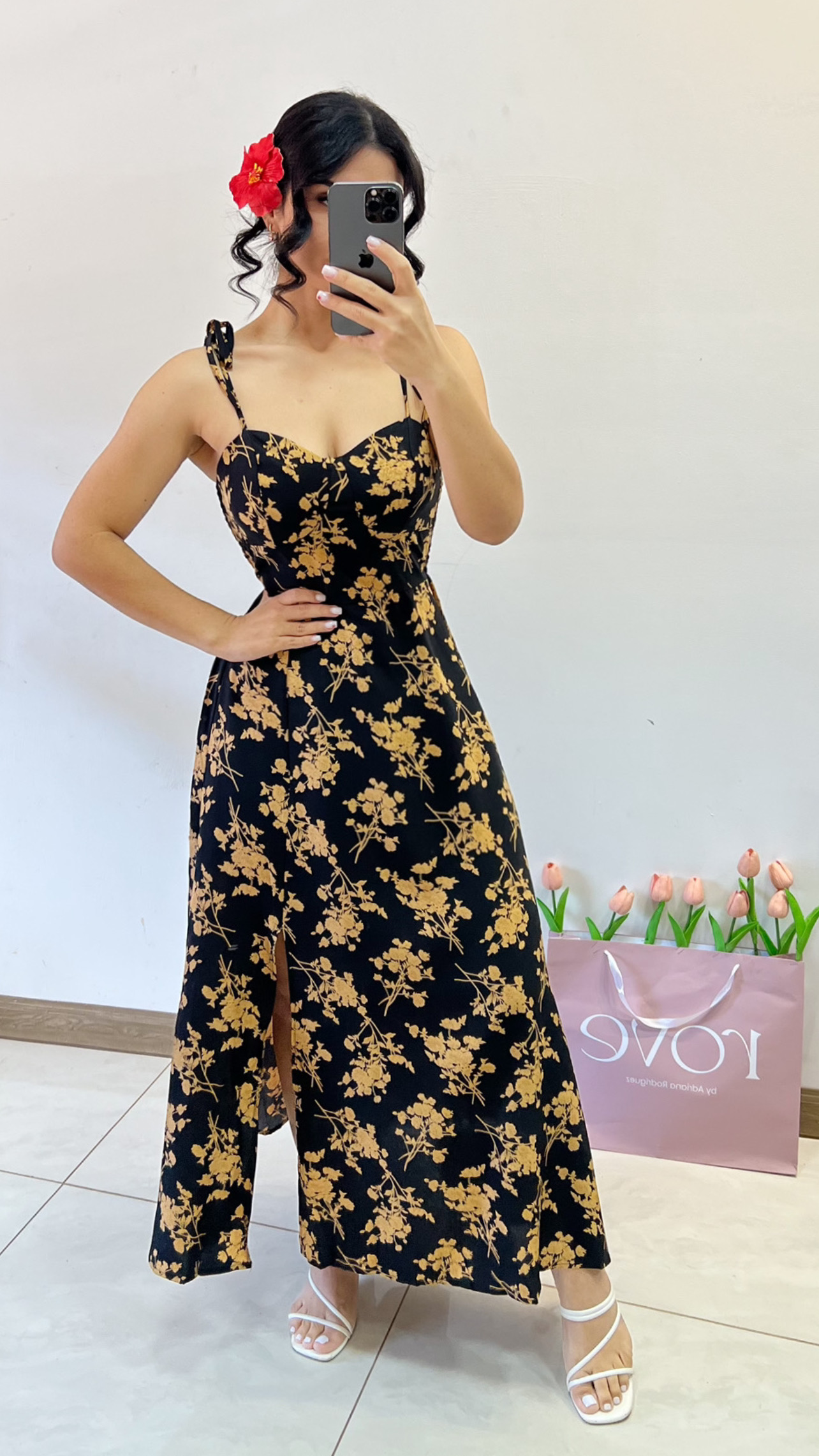 Vestido largo estampado floral - Negro con amarillo