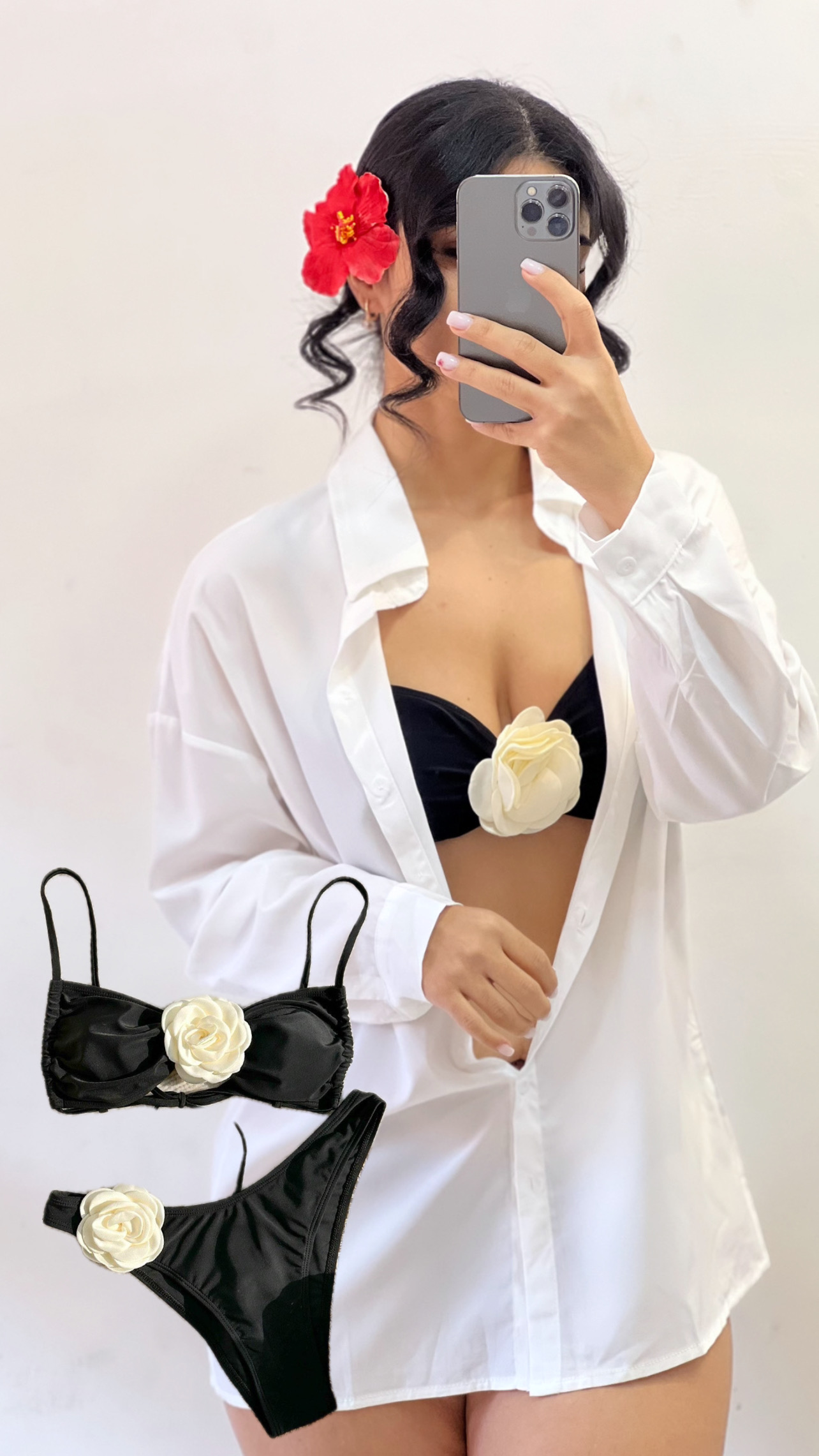 Traje de baño -  Negro con rosas  3D