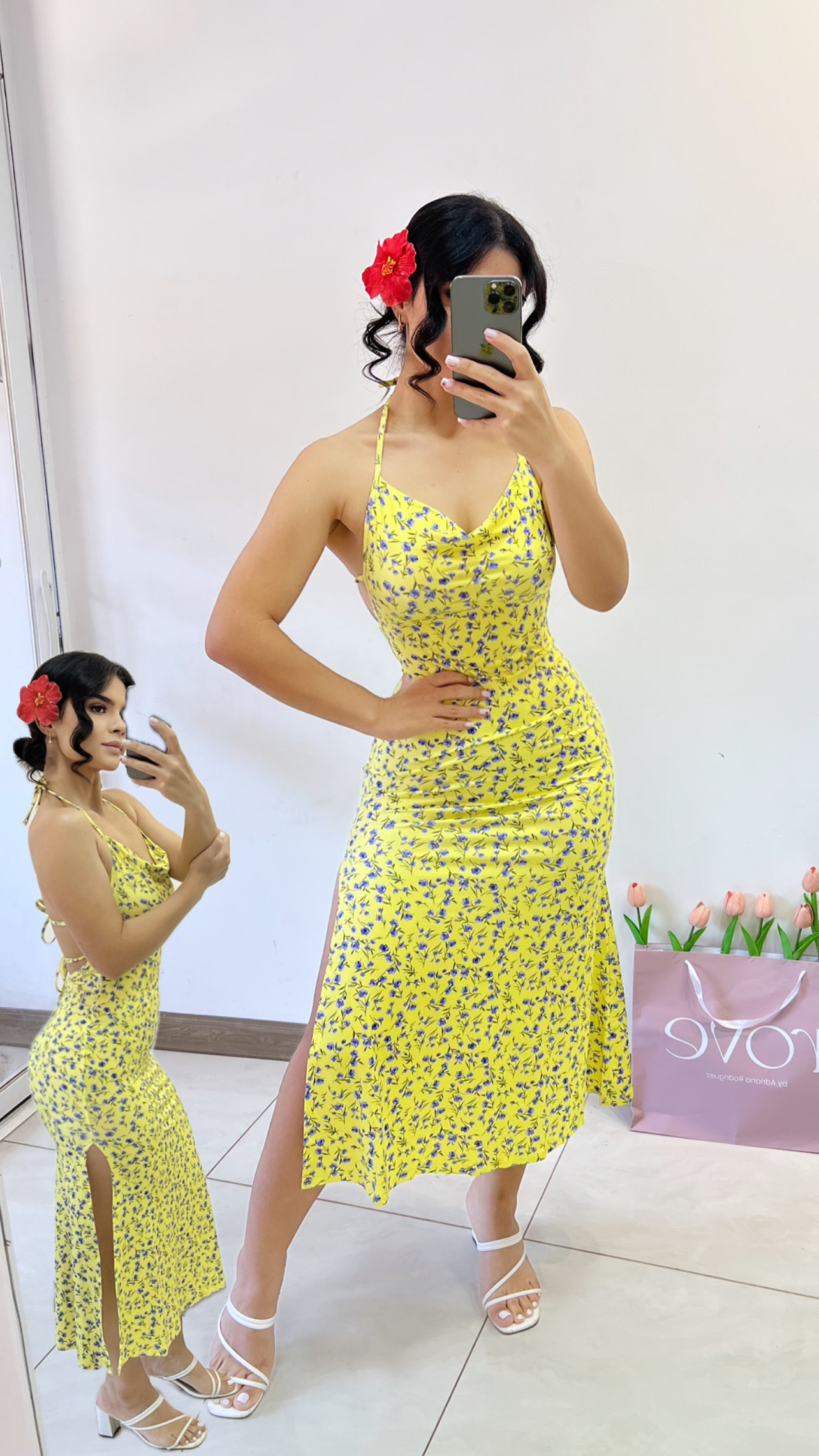 Vestido amarillo estampado floral - Espalda abierta