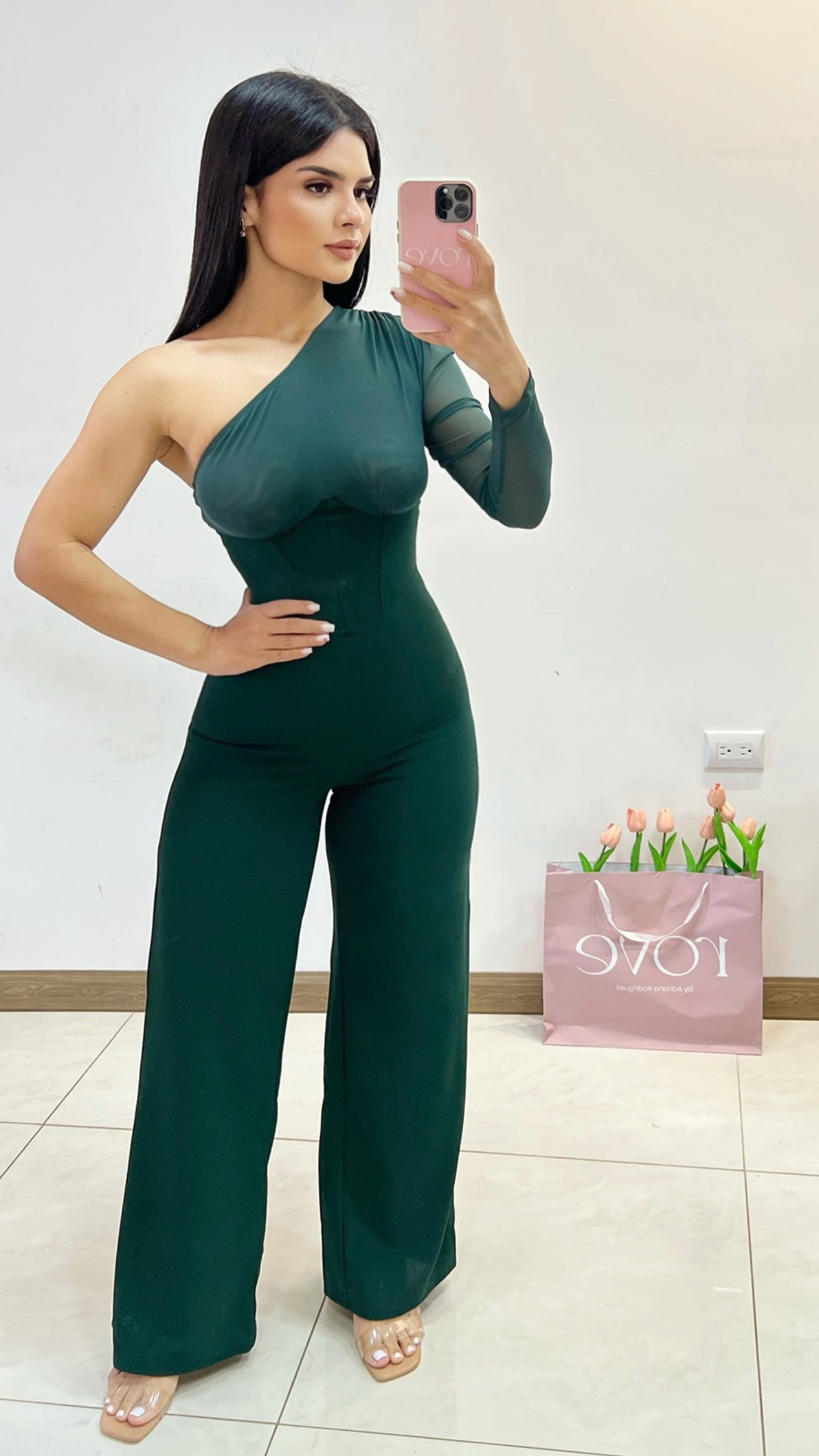 Jumpsuit de una manga con transparencia/corsé - Verde