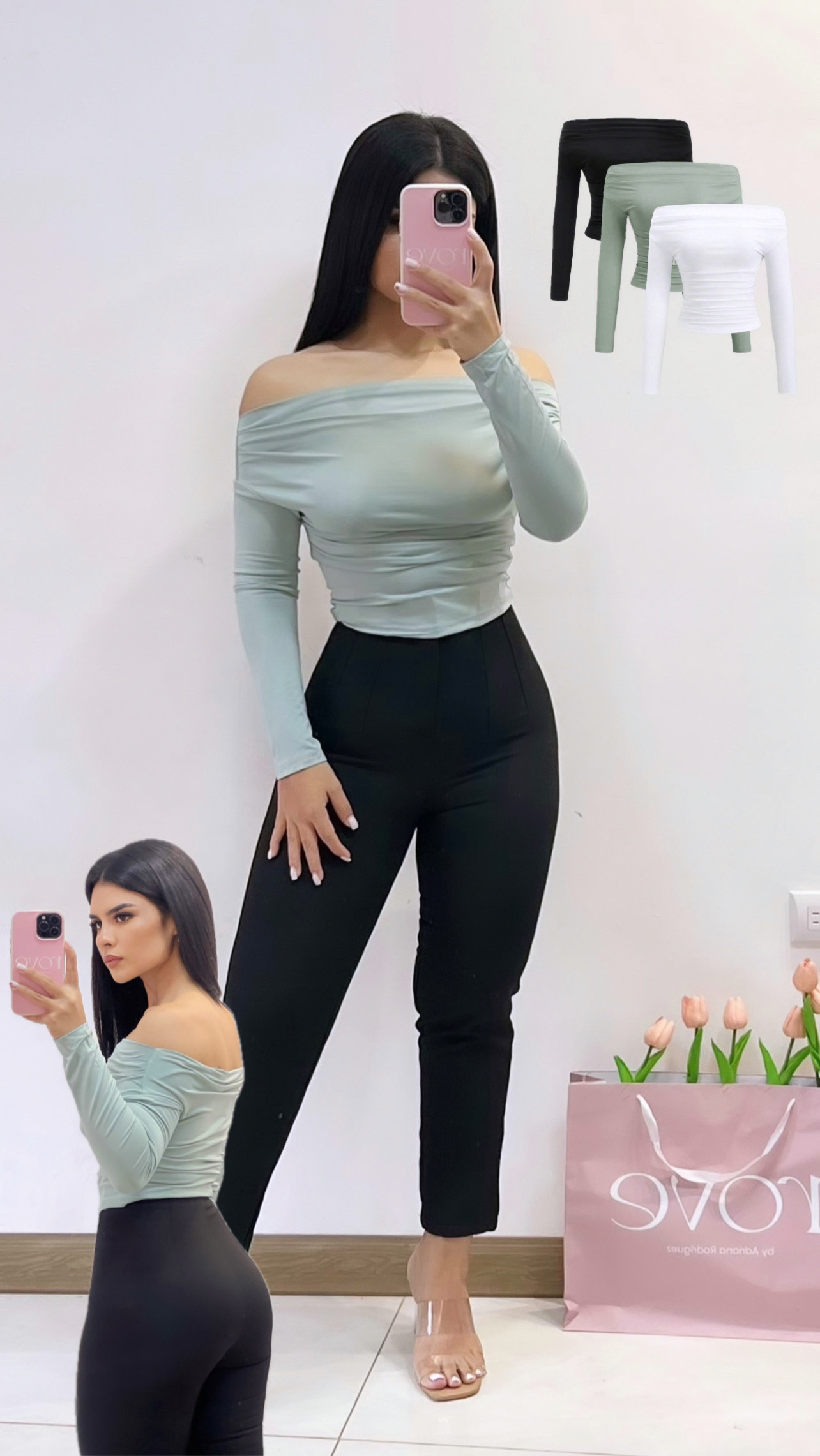 Blusa offshoulder manga larga recogida - Negra