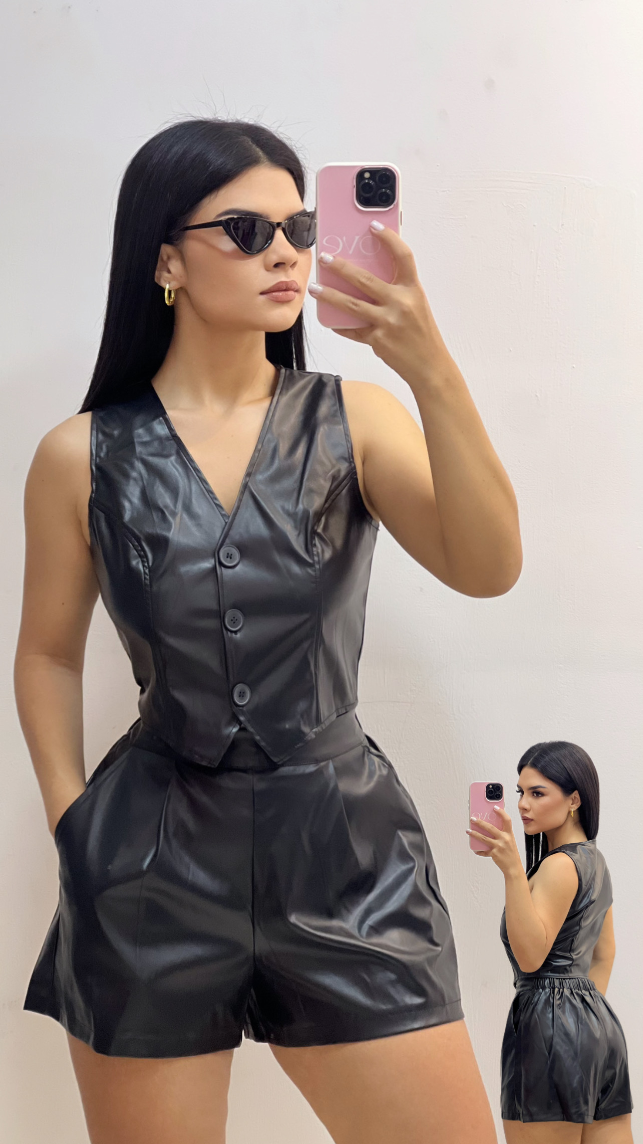 Conjunto de chaleco + short cuerina - Negro