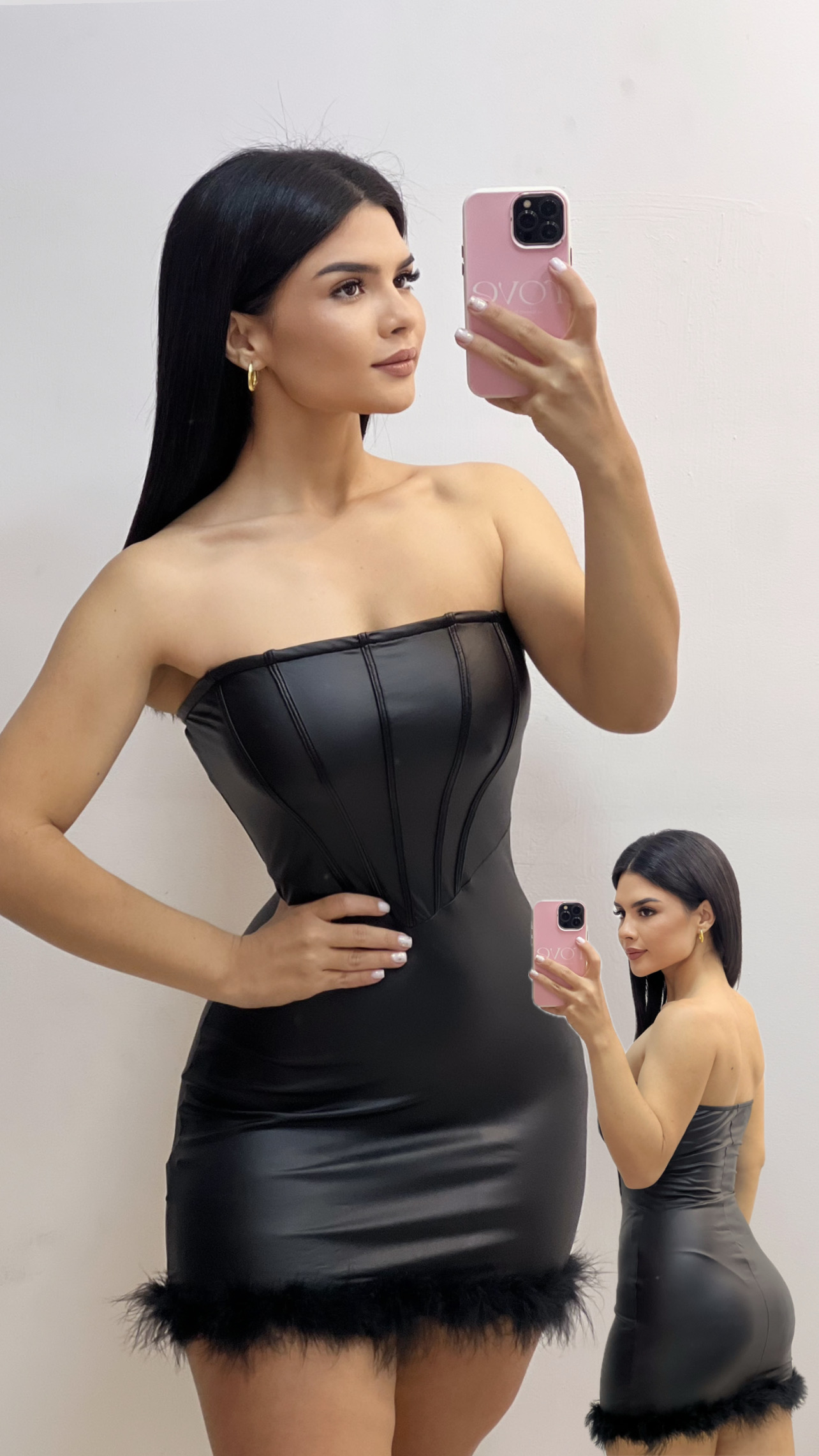 Vestido corto tubo corsé con plumas cuerina - Negro