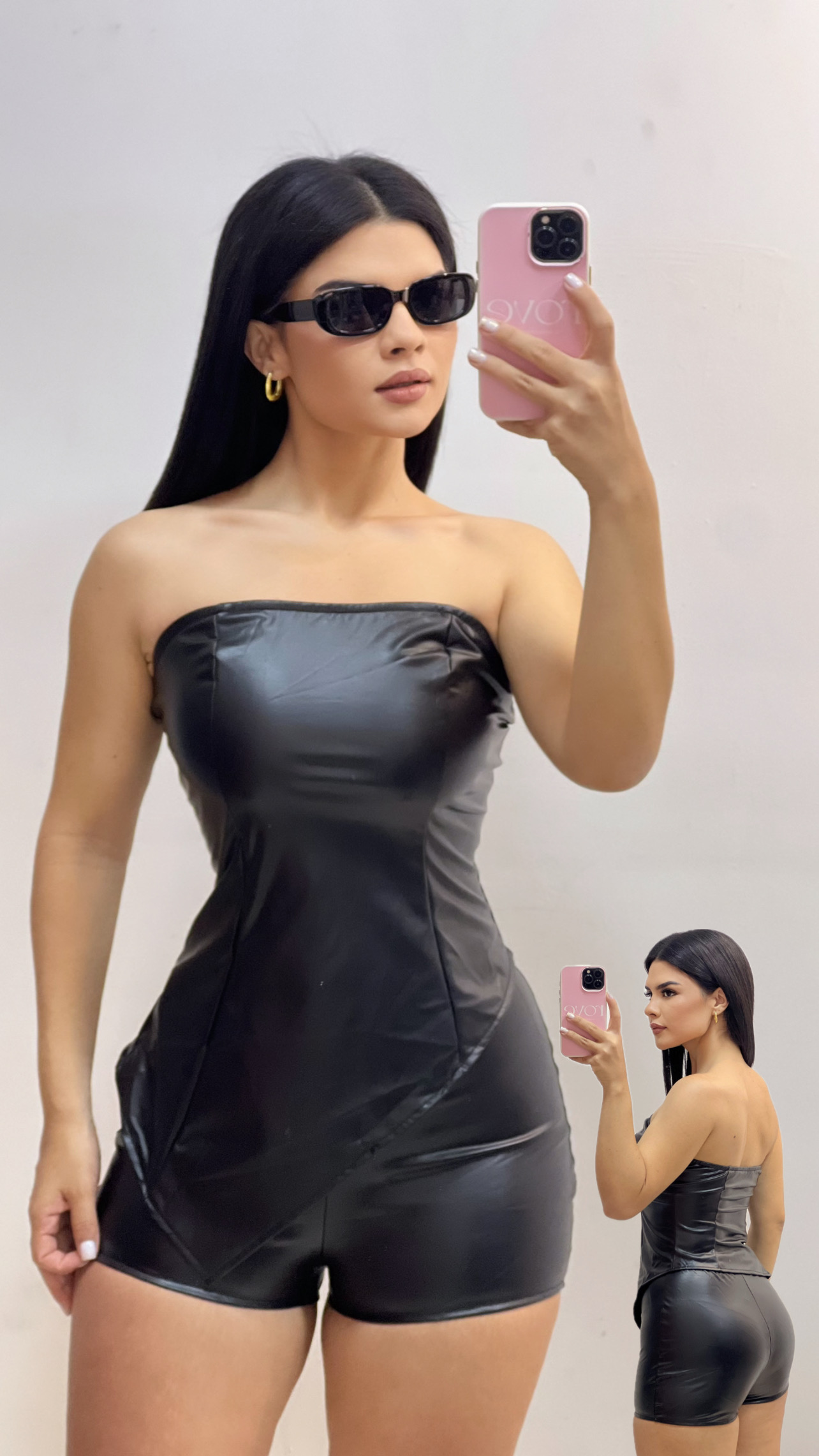 Conjunto de blusa de pico + short de cuerina