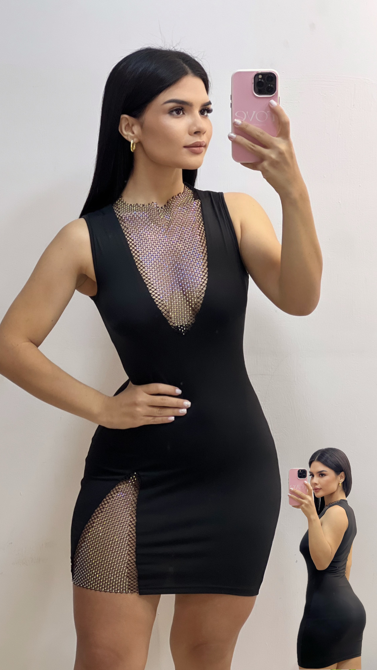 Vestido corto con aberturas de malla - Negro