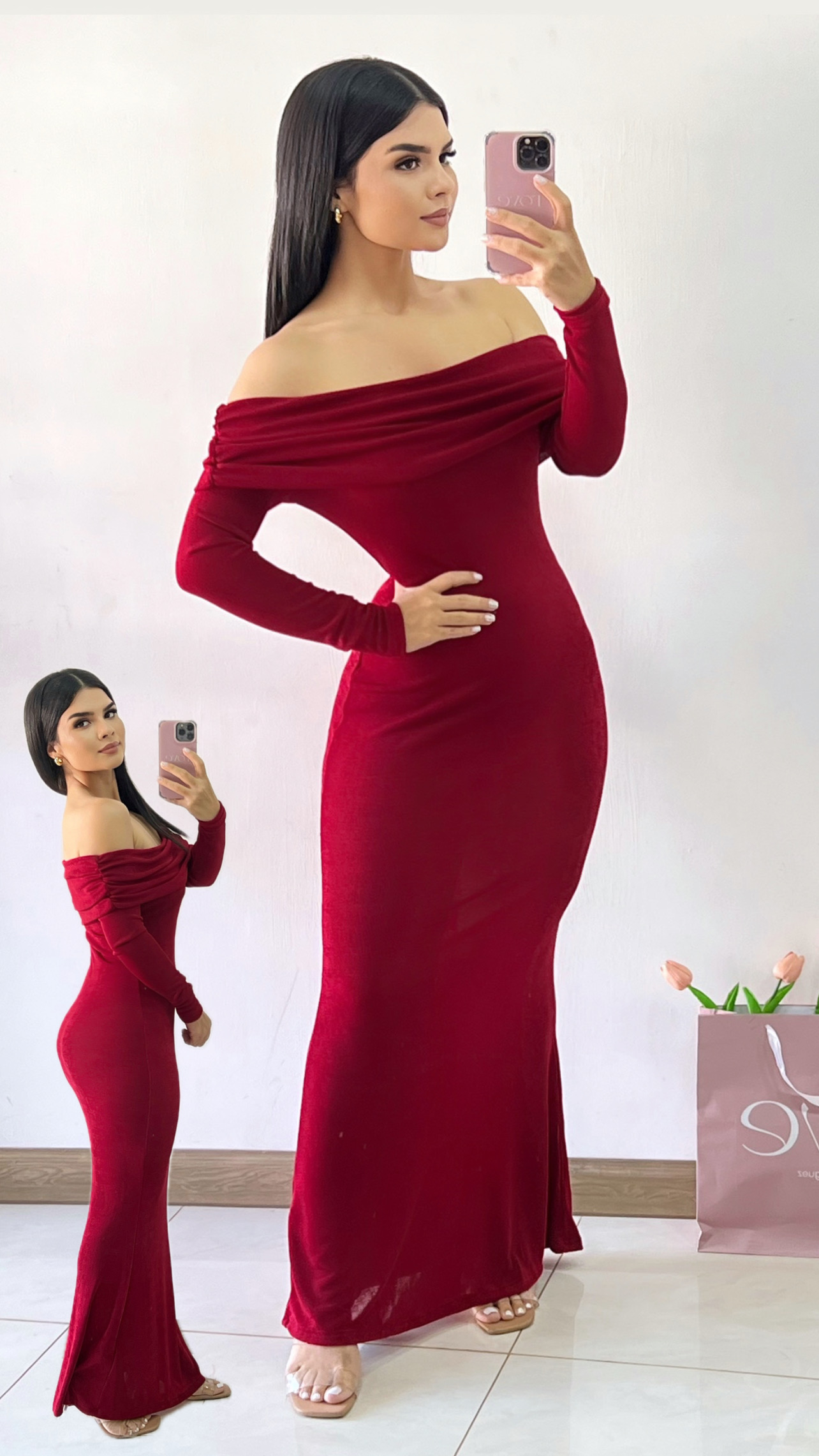 Vestido de gala offshoulder manga larga - Rojo vino