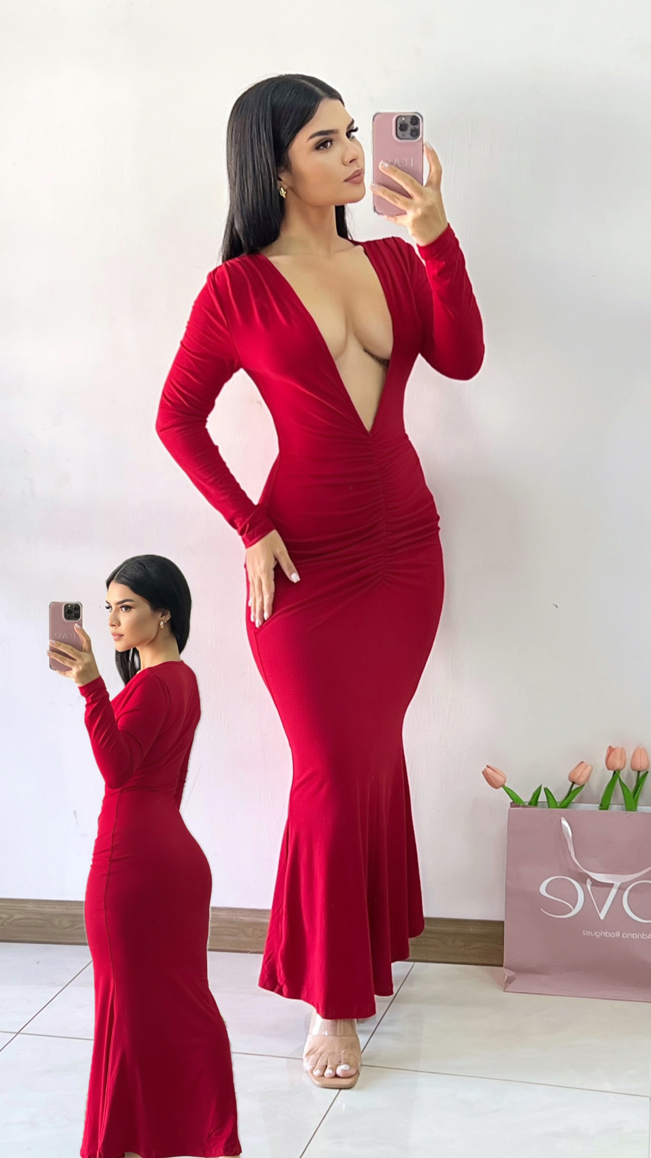 Vestido gala con abertura en pecho manga larga - Rojo vino