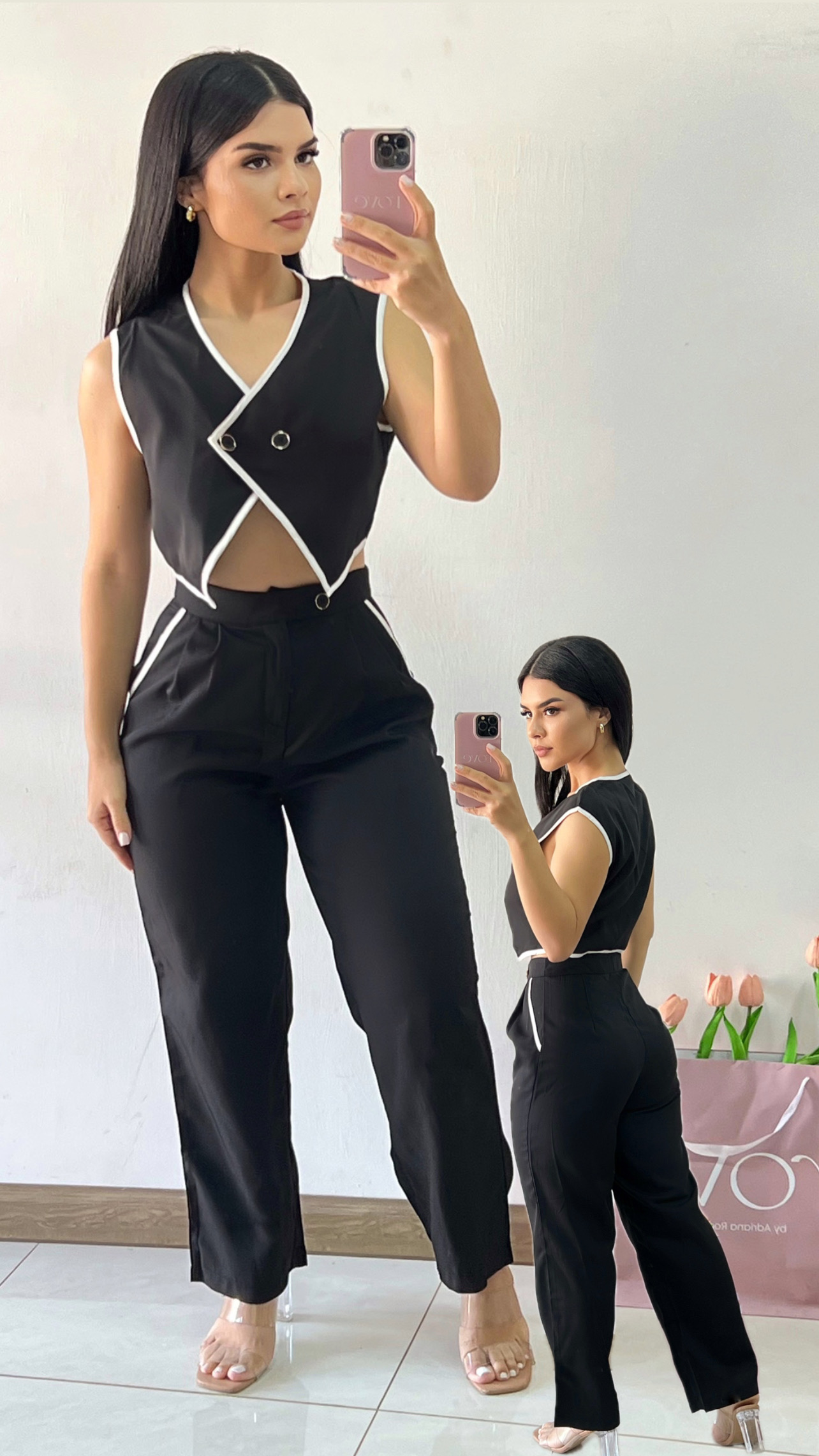 Conjunto Chaleco + pantalón con líneas - Negro
