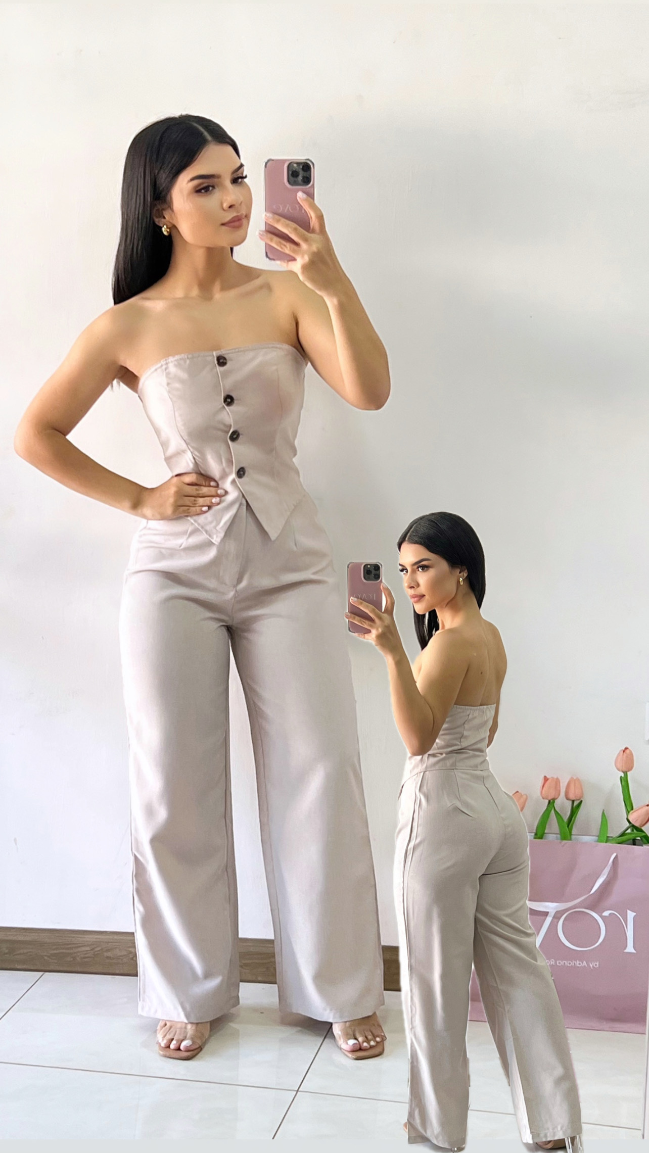 Conjunto de blusa + palazzo - Gris pálido