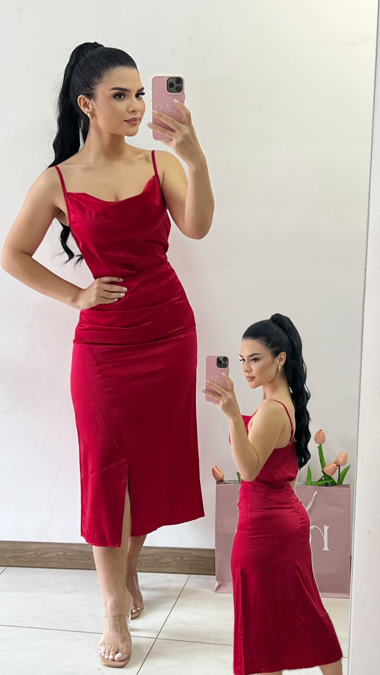 Conjunto satén de blusa + midifalda