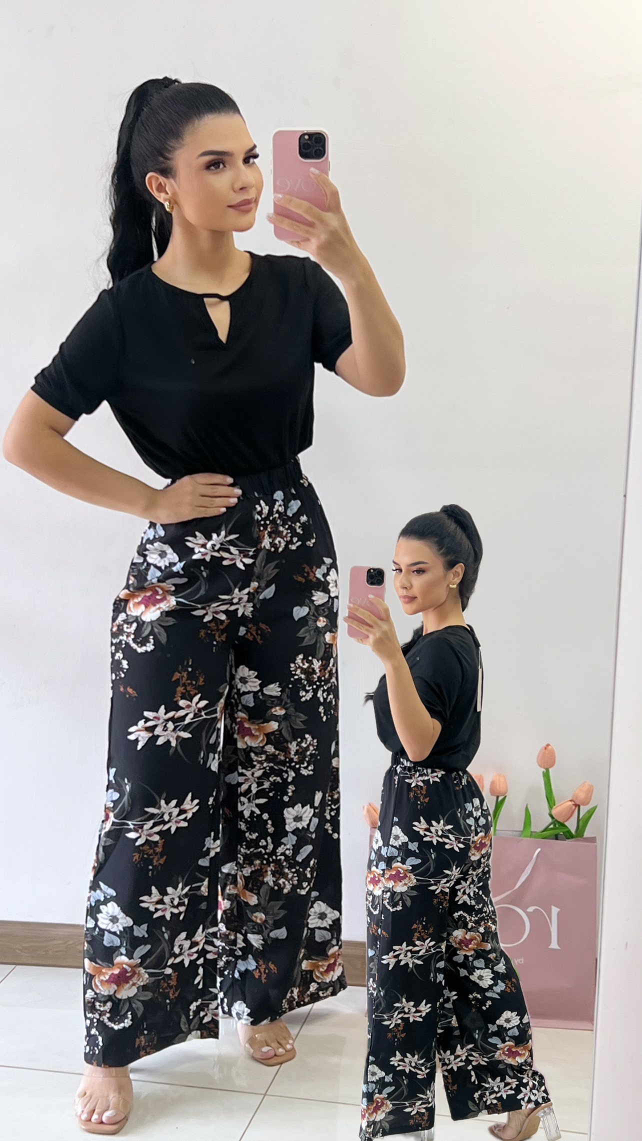 Conjunto de blusa + palazzo floreado - Negro