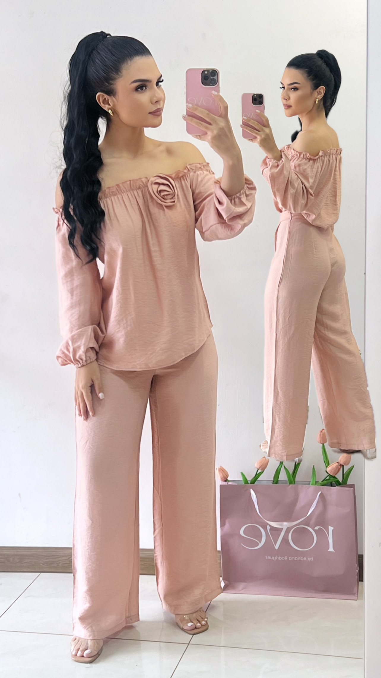 Conjunto de blusa + palazzo - Rosa palo