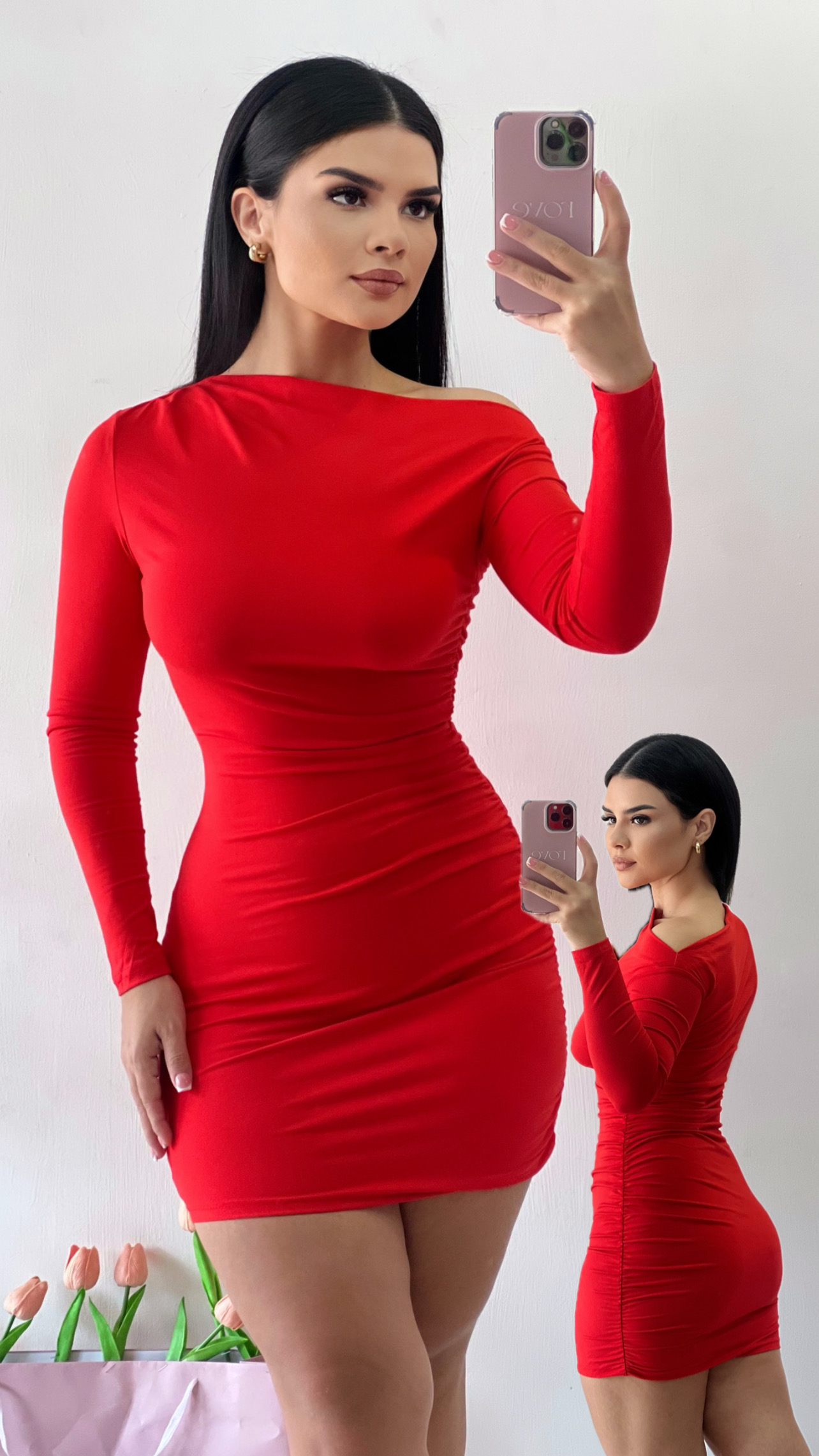 Vestido corto recogido manga larga - Rojo