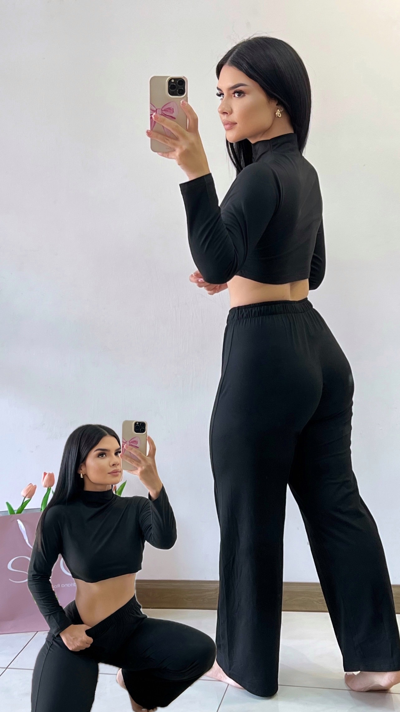 Conjunto croptop manga larga + pant - Negro