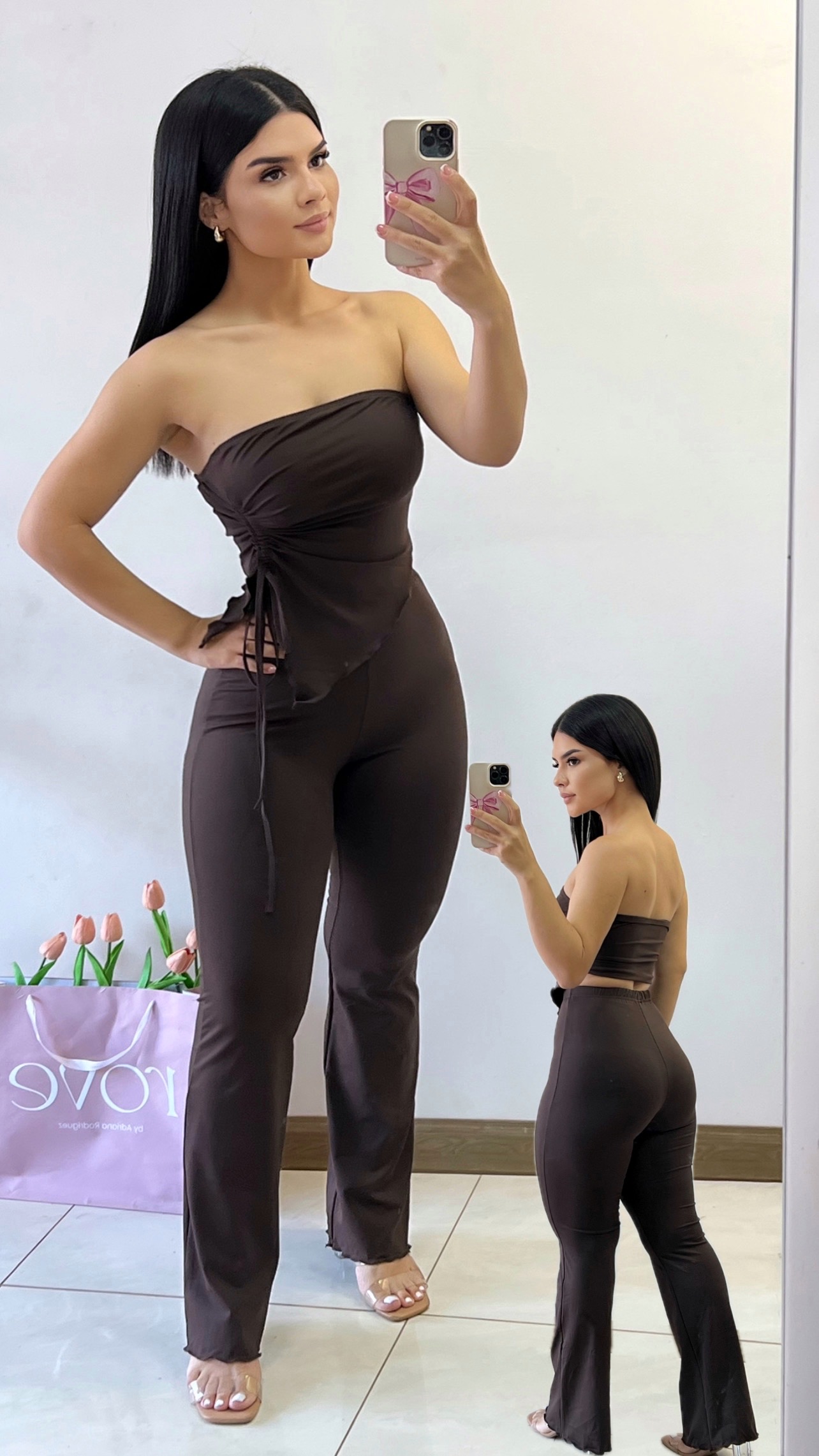 Conjunto de croptop + pant - Café