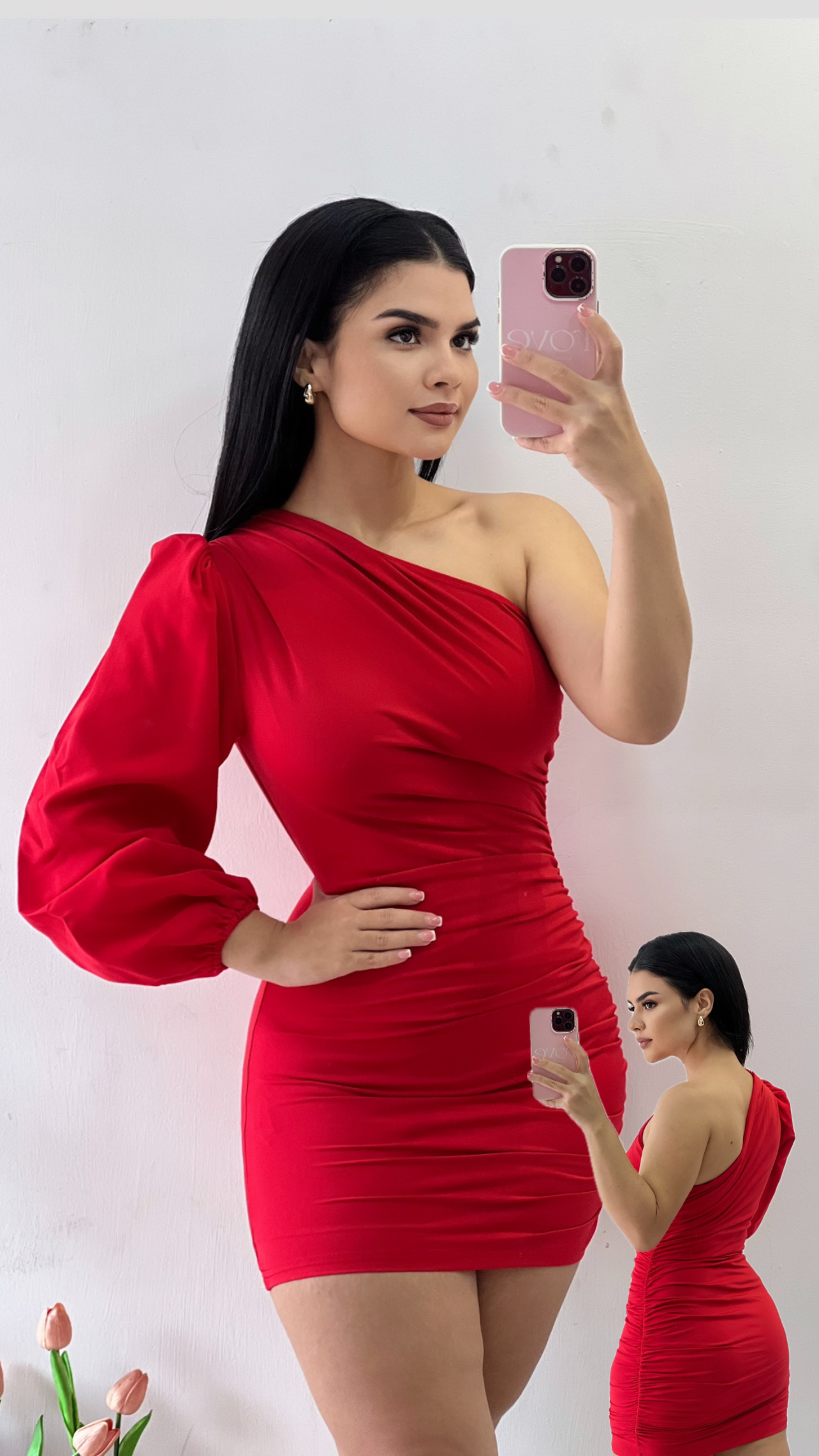 Vestido corto de una manga rojo