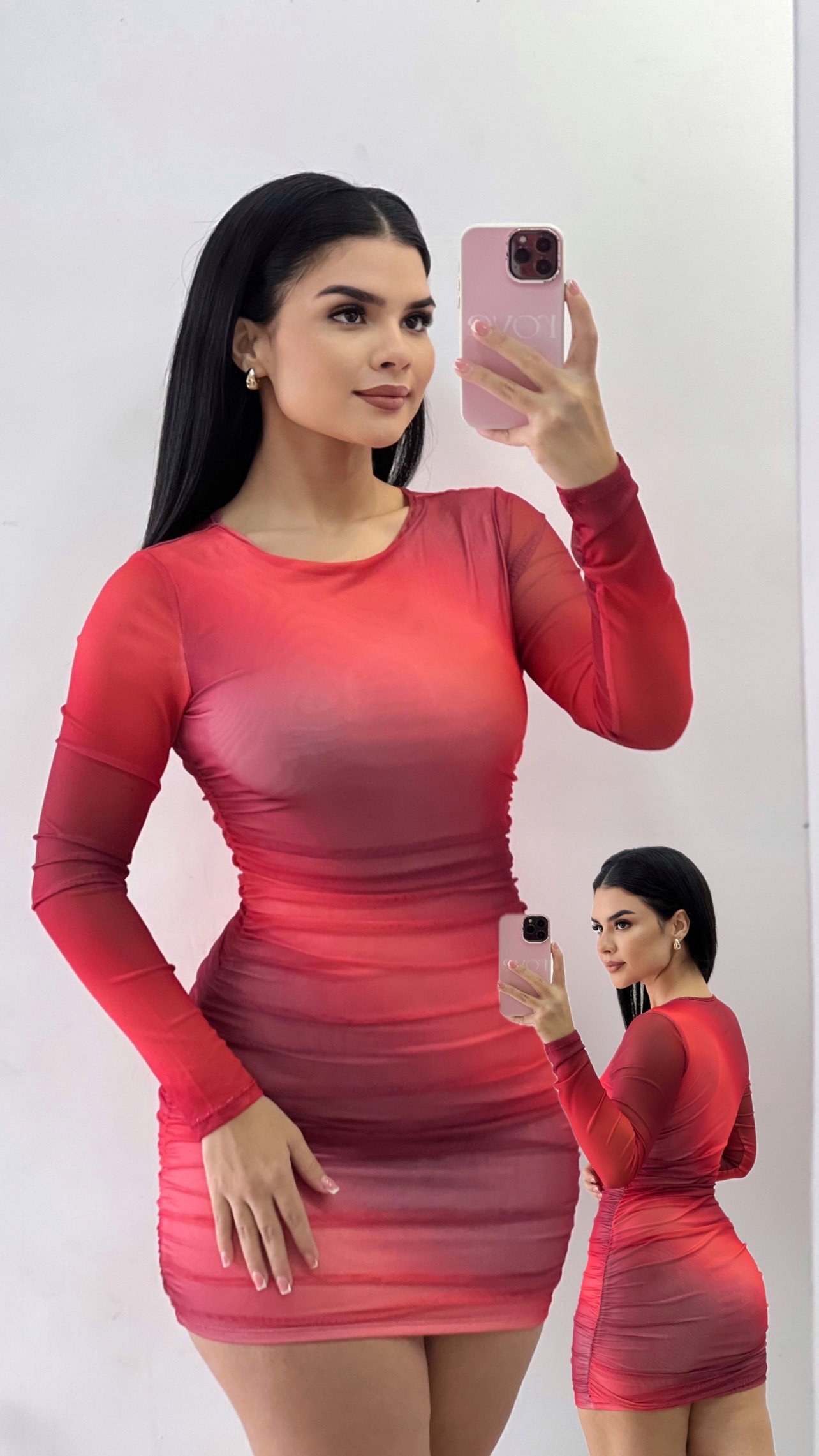 Vestido corto de mangas estilo transparente rojo manga larga