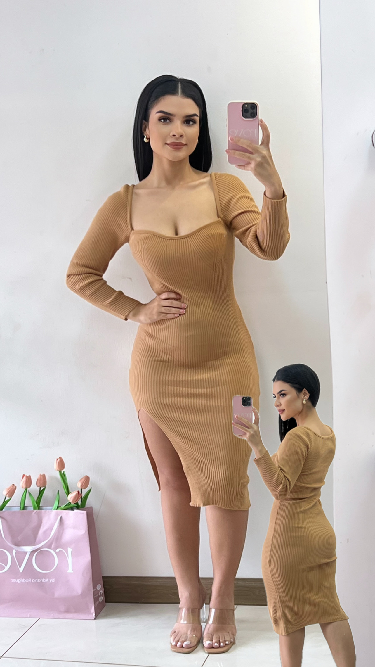 Vestido midi manga larga - café