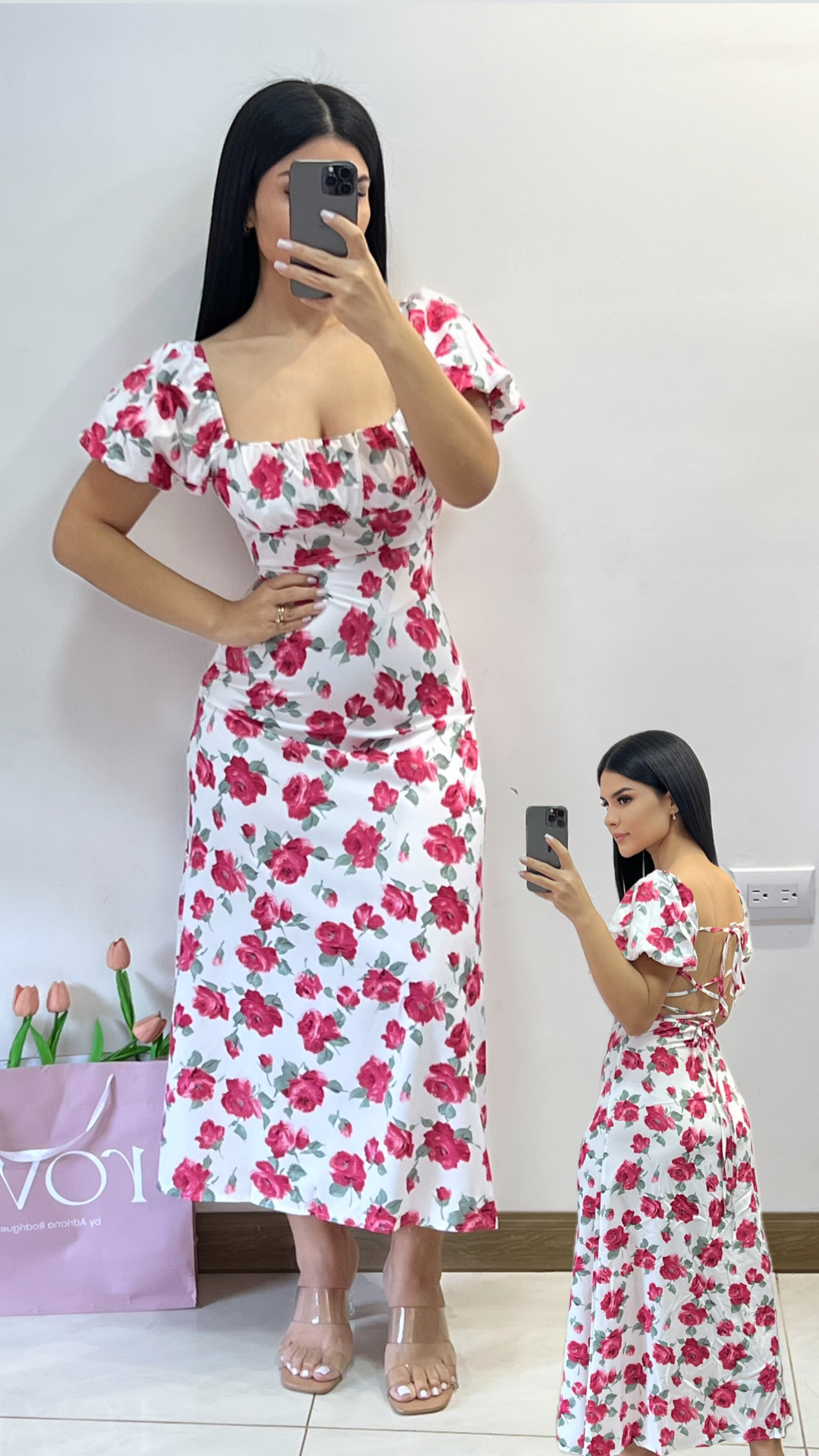 Vestido midi espalda abierta estampado rosas