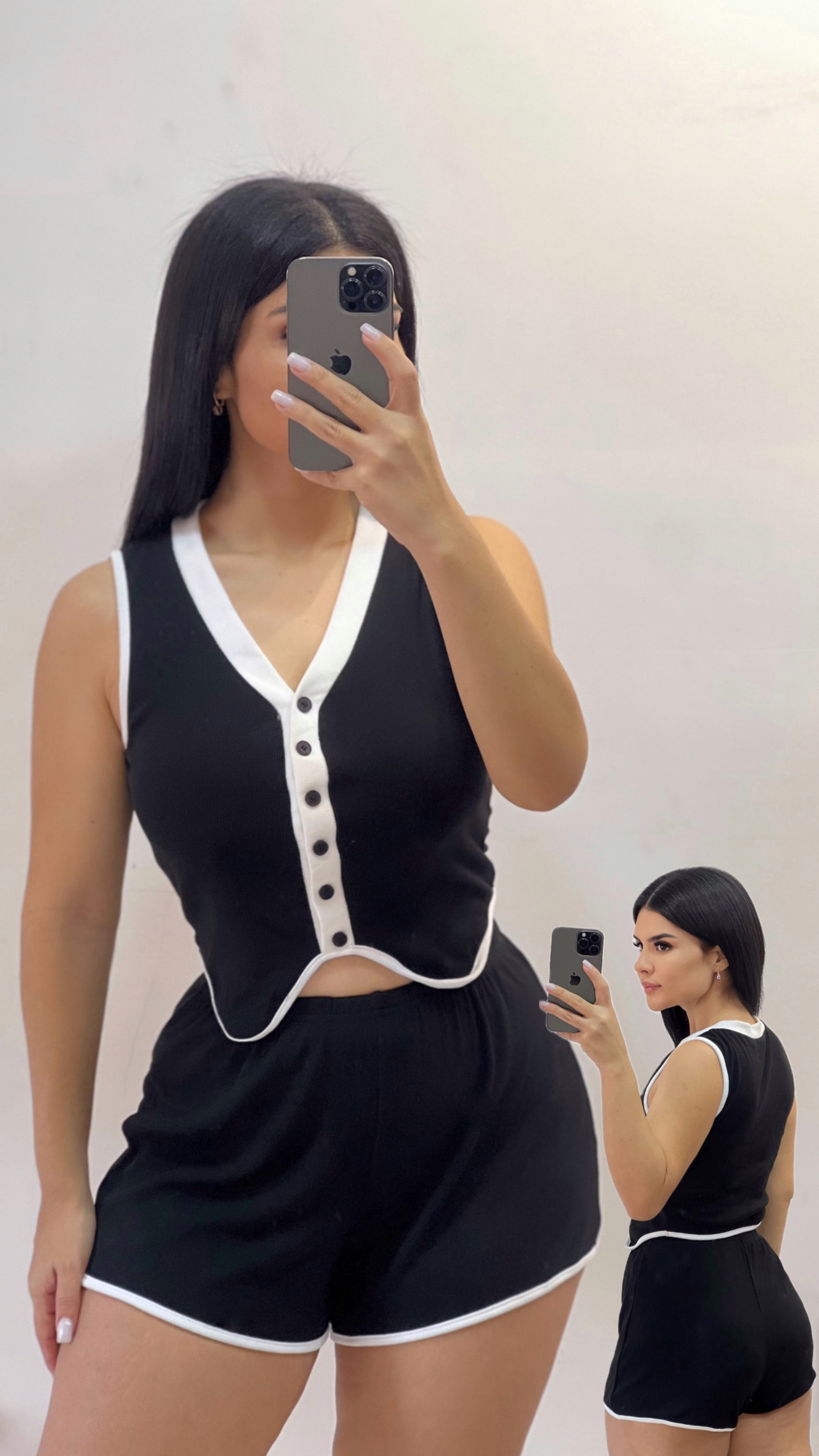 Conjunto de chaleco + short. Negro con blanco