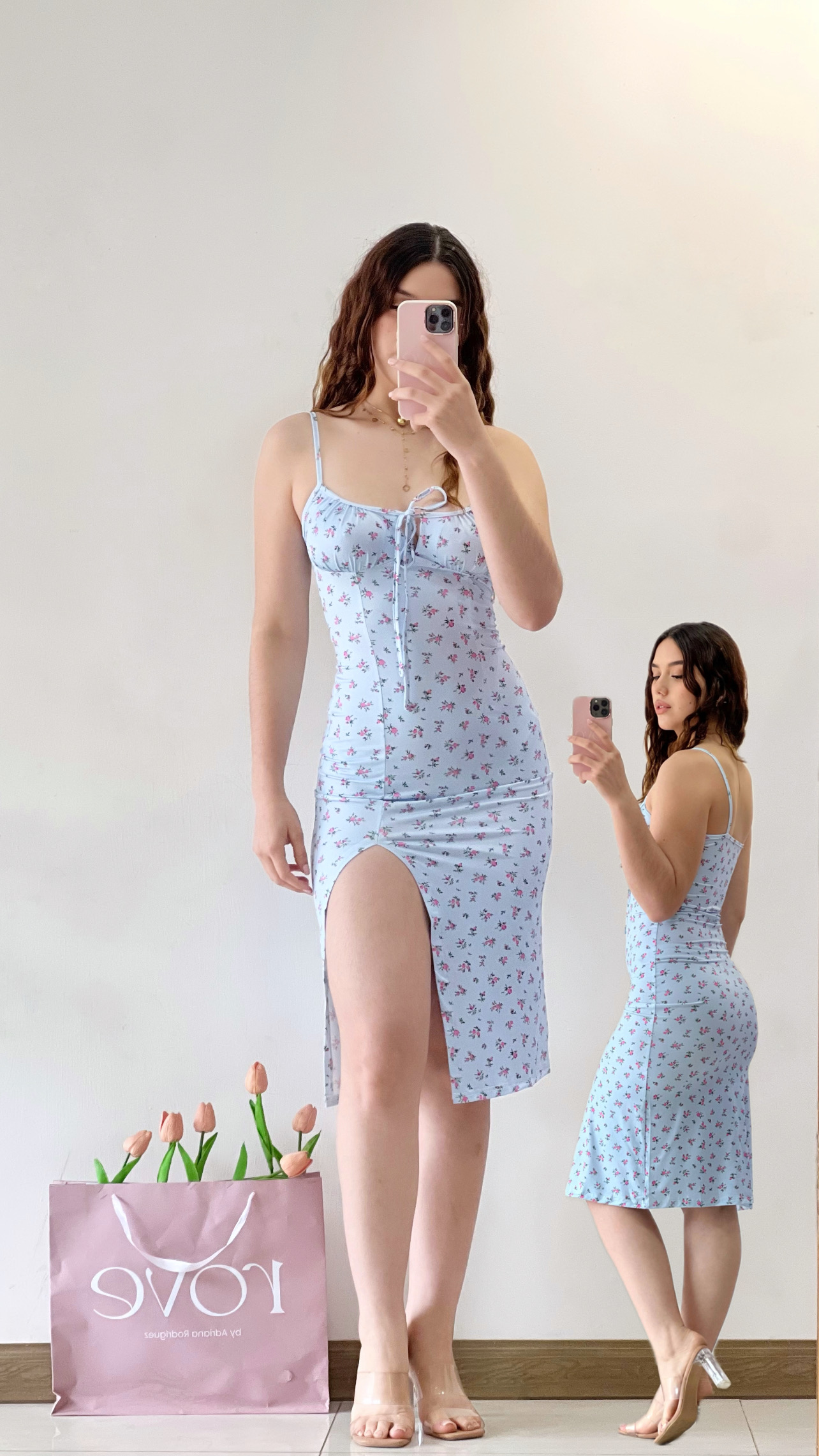 Vestido midi con estampado - Celeste