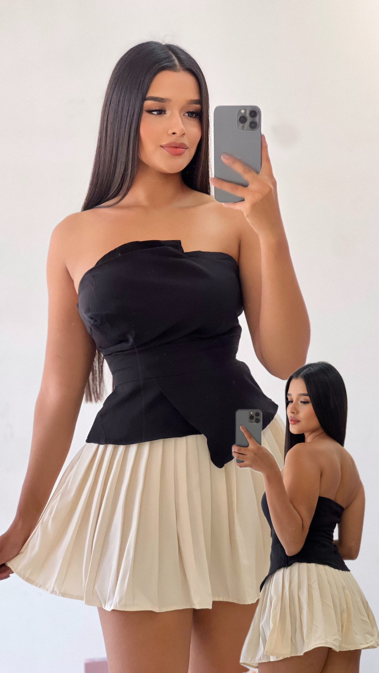 Blusa de botones & minifalda plisada - Crema