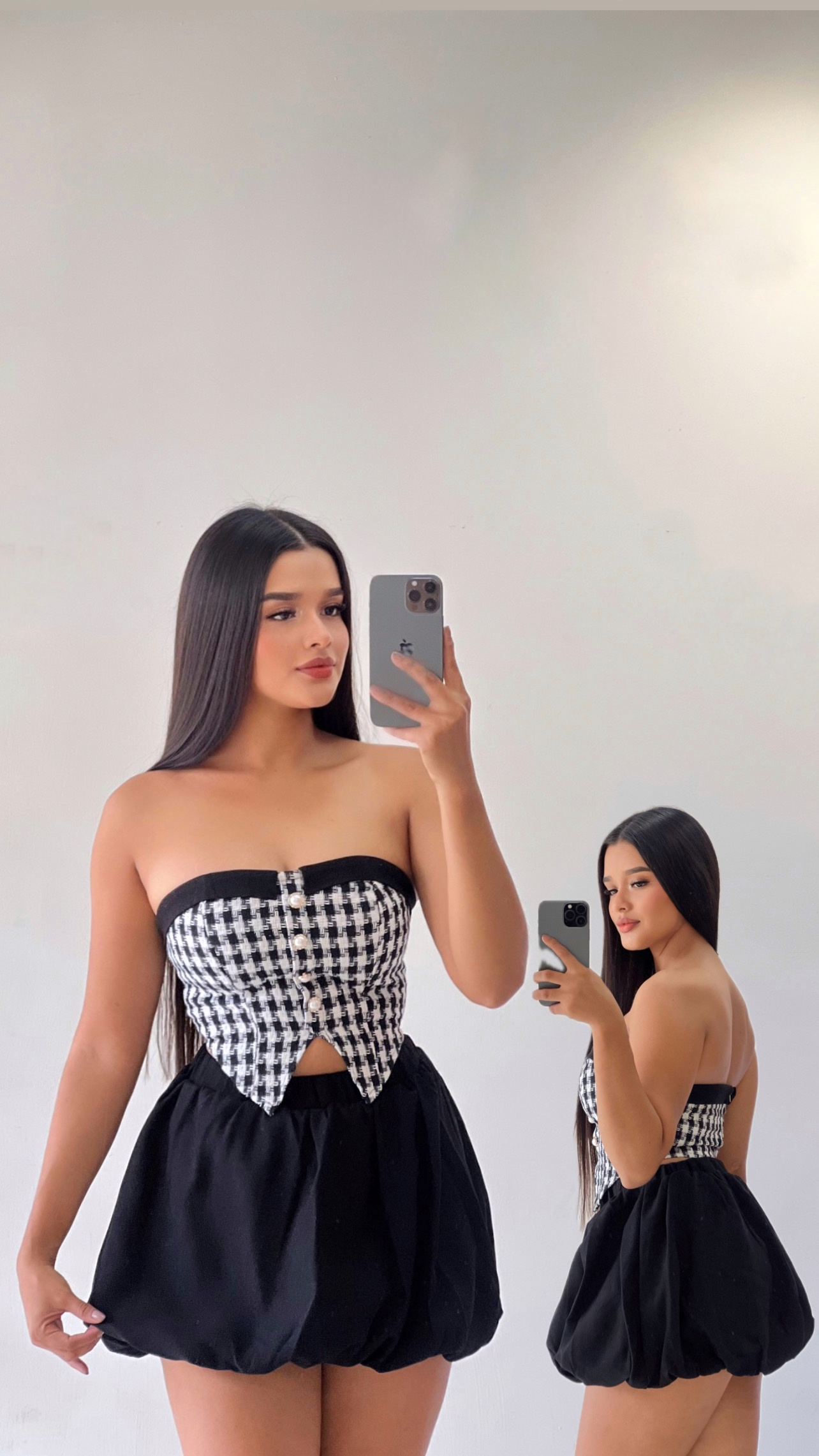 Croptop a cuadros & falda globo - Negra