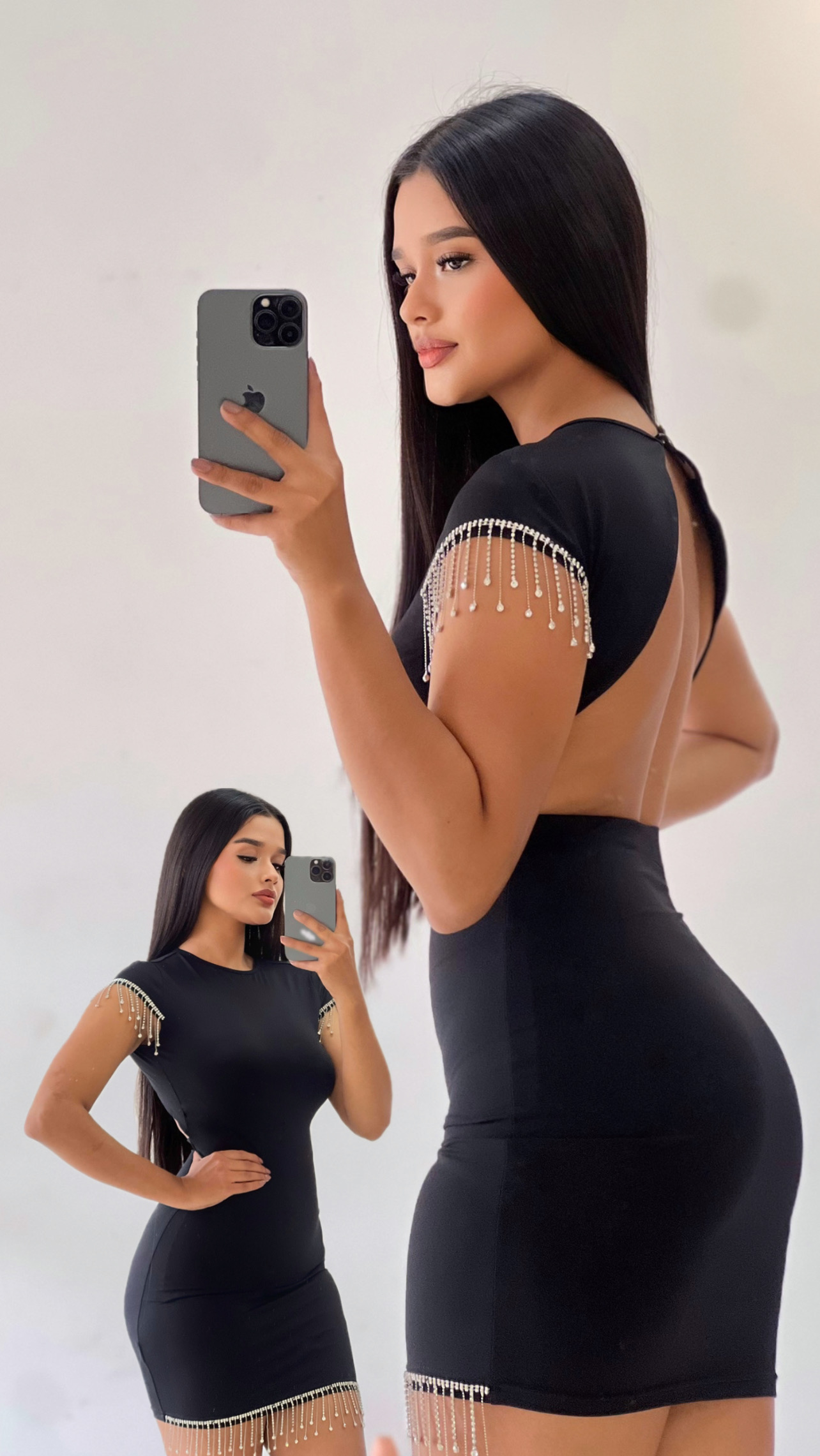 Vestido corto espalda abierta y cadenas plateadas - Negro