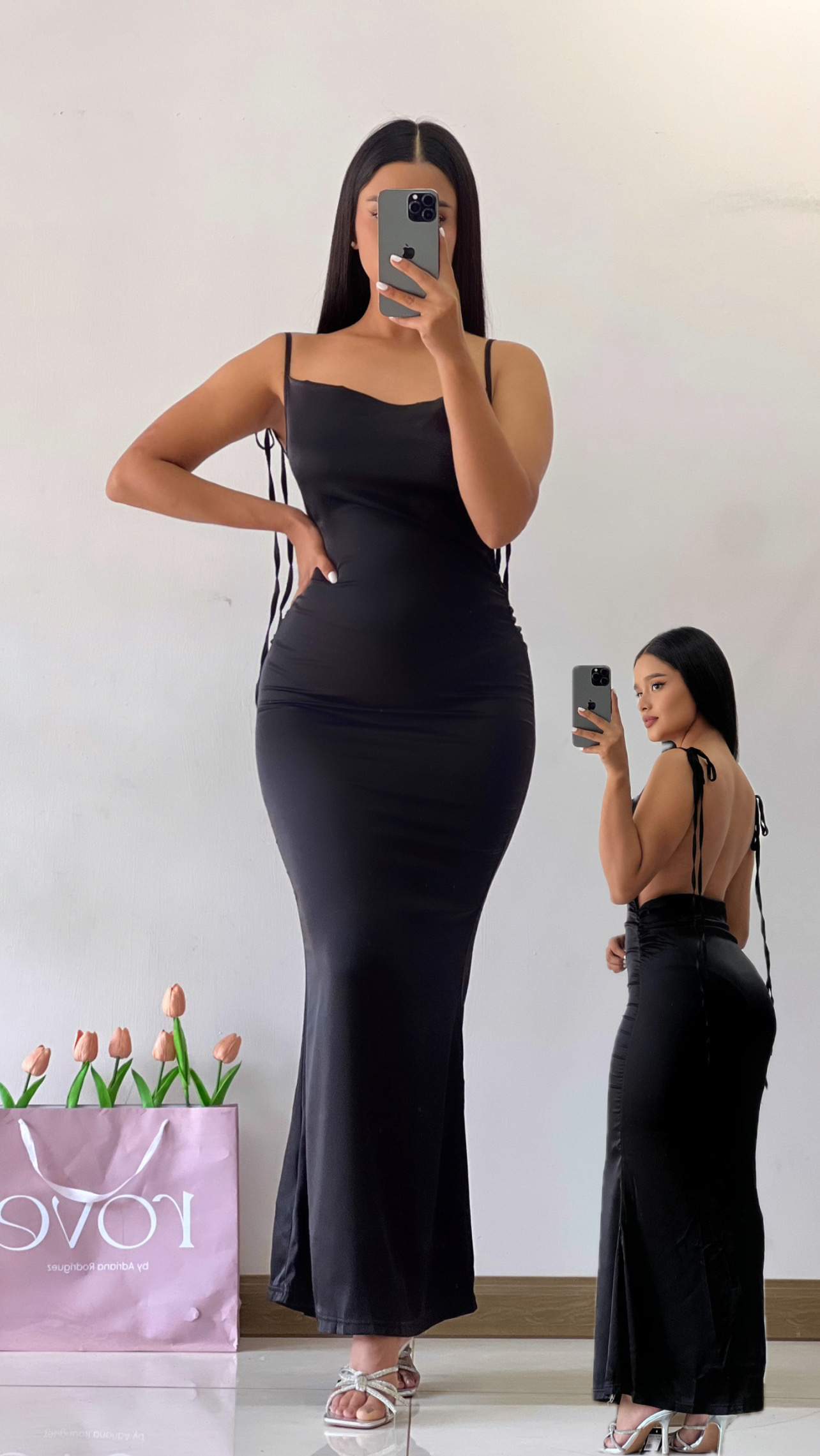 Vestido espalda abierta de satén - Negro