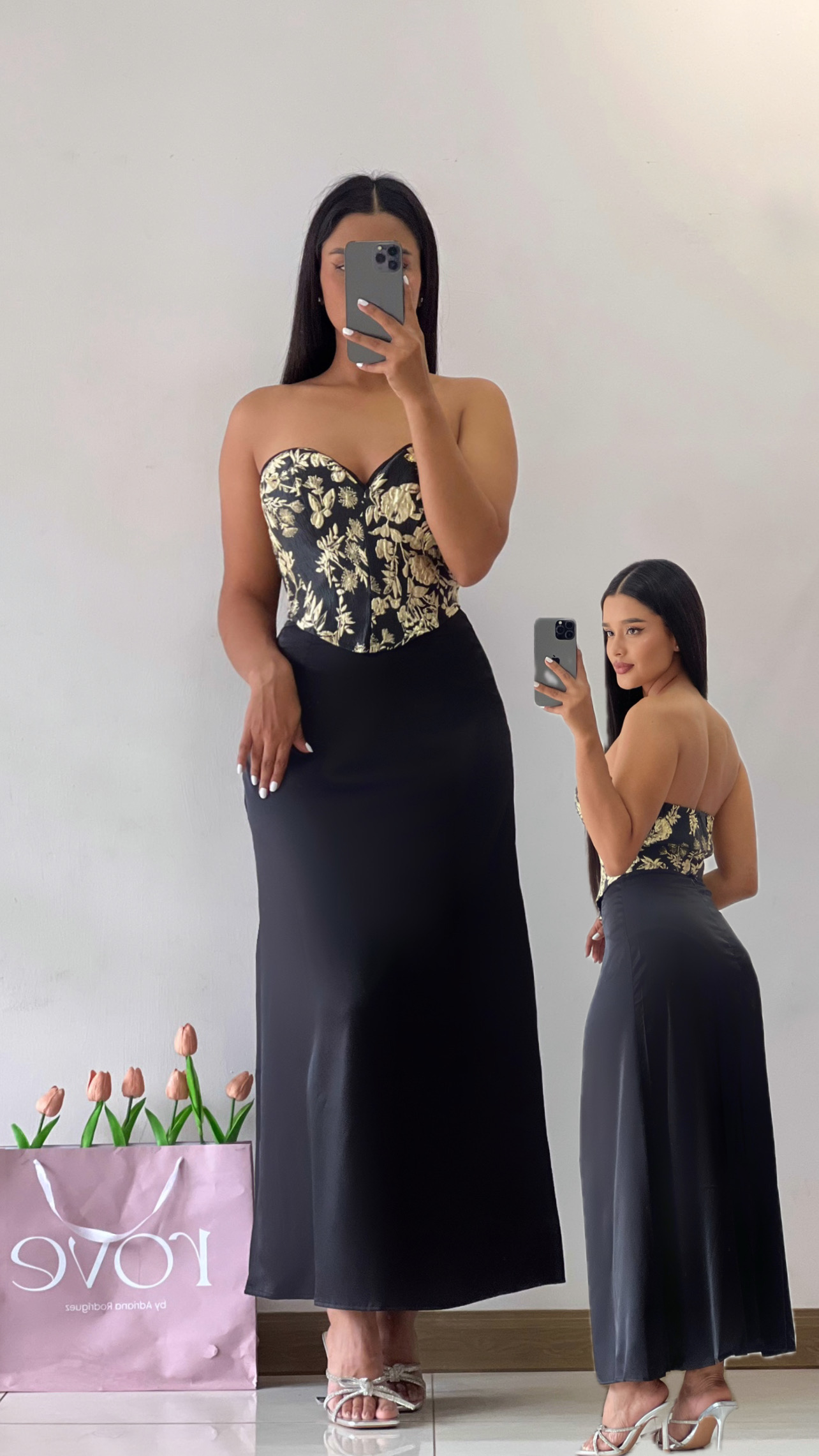 Conjunto de croptop y maxifalda saten - Dorado y negro