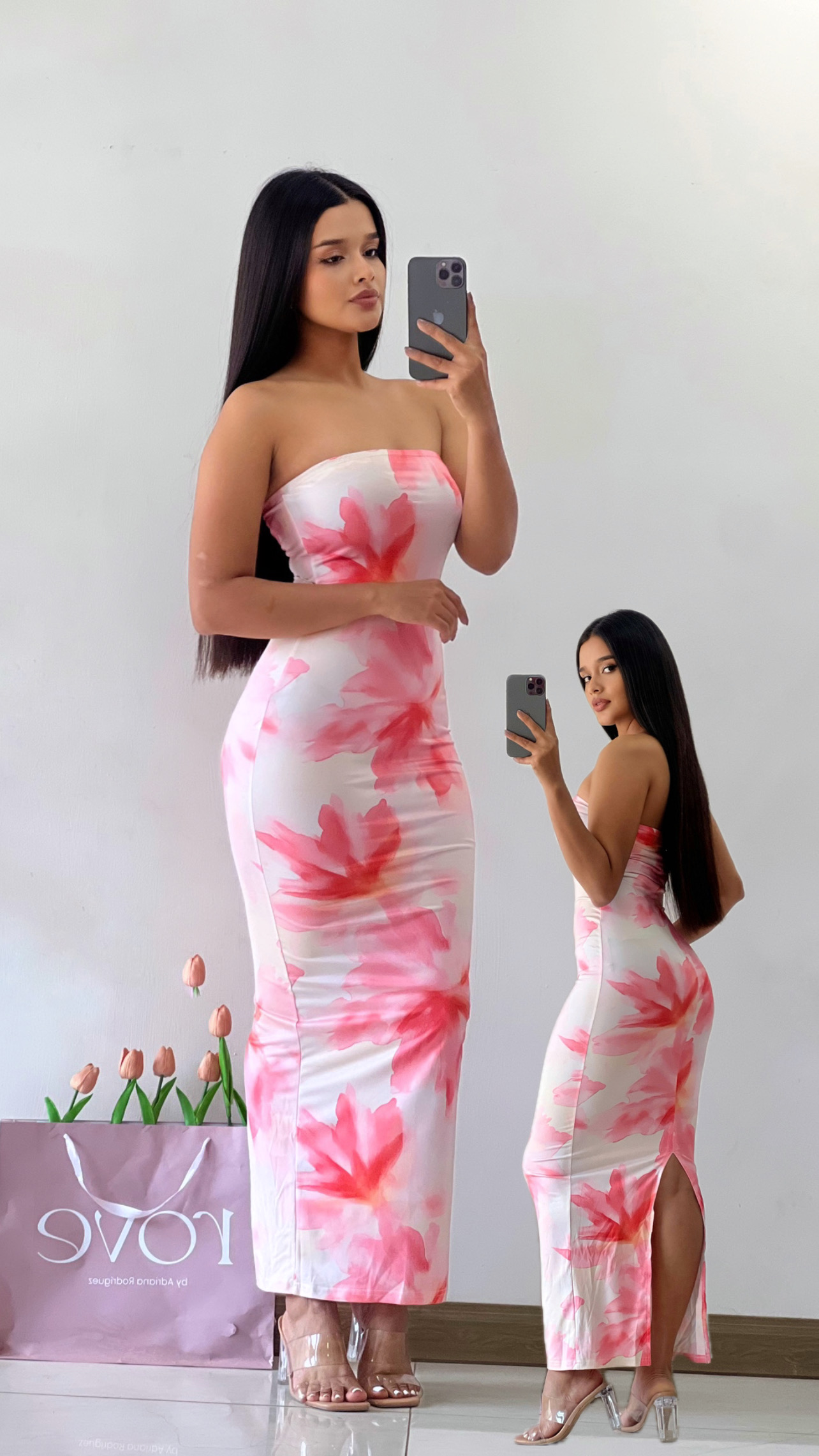 Vestido strapless con abertura lateral estampado floral naranja