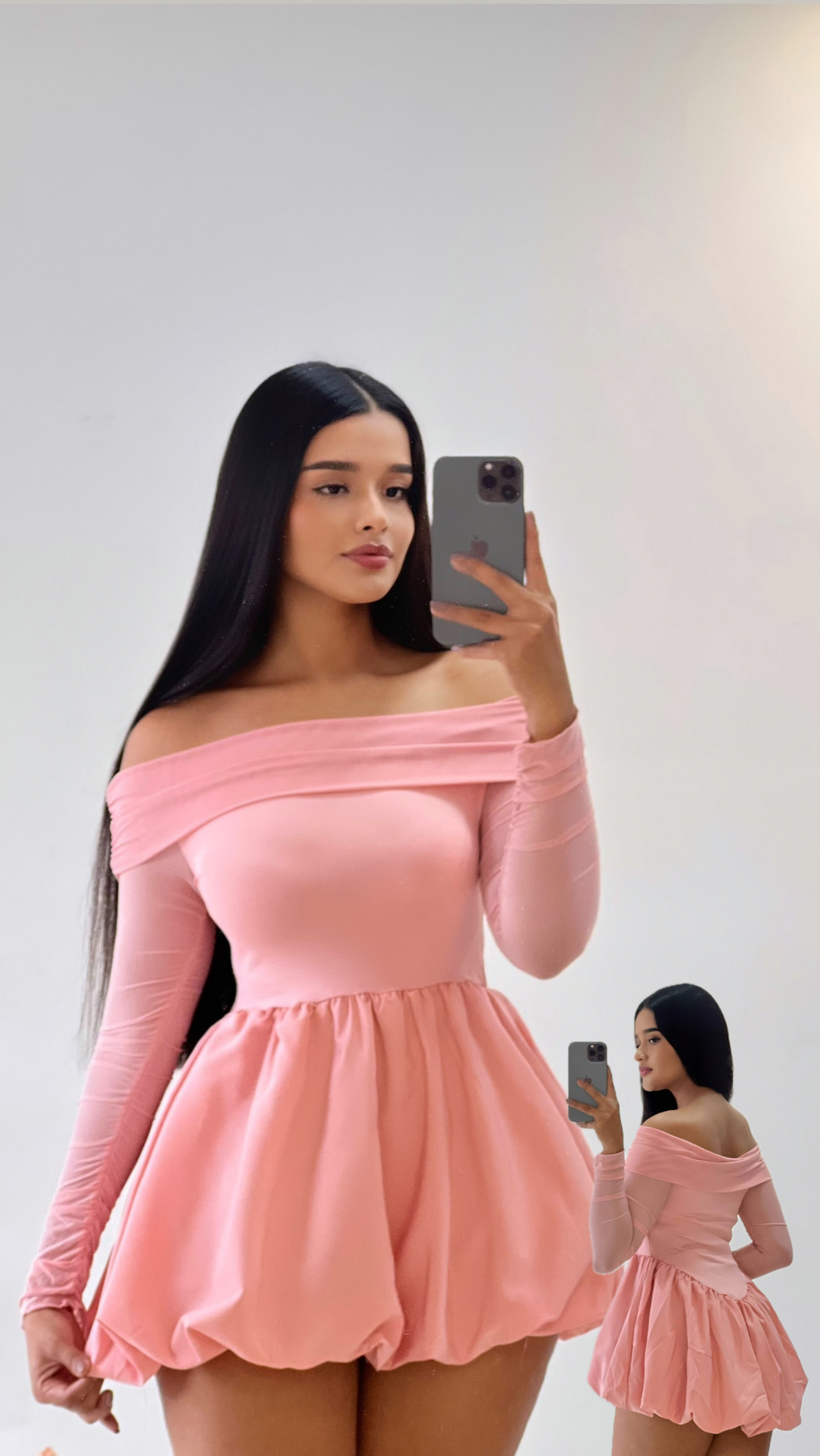 Vestido corto manga larga - Falda globo