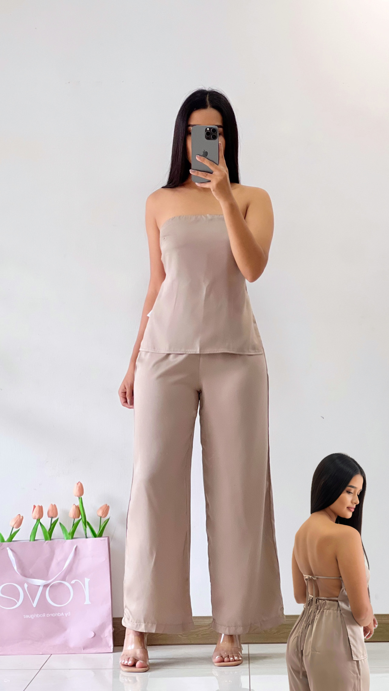 Conjunto de palazo y blusa espalda abierta