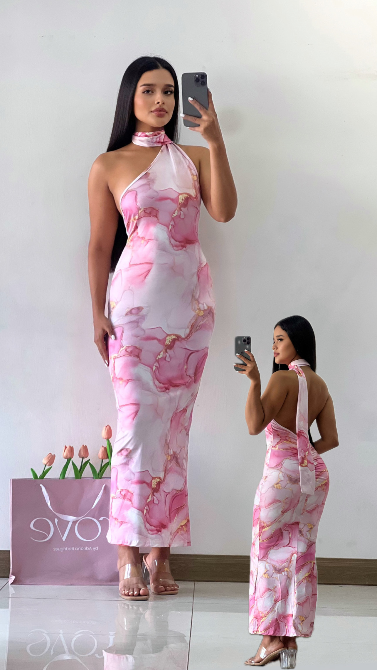 Vestido de gala mármol rosado espalda abierta