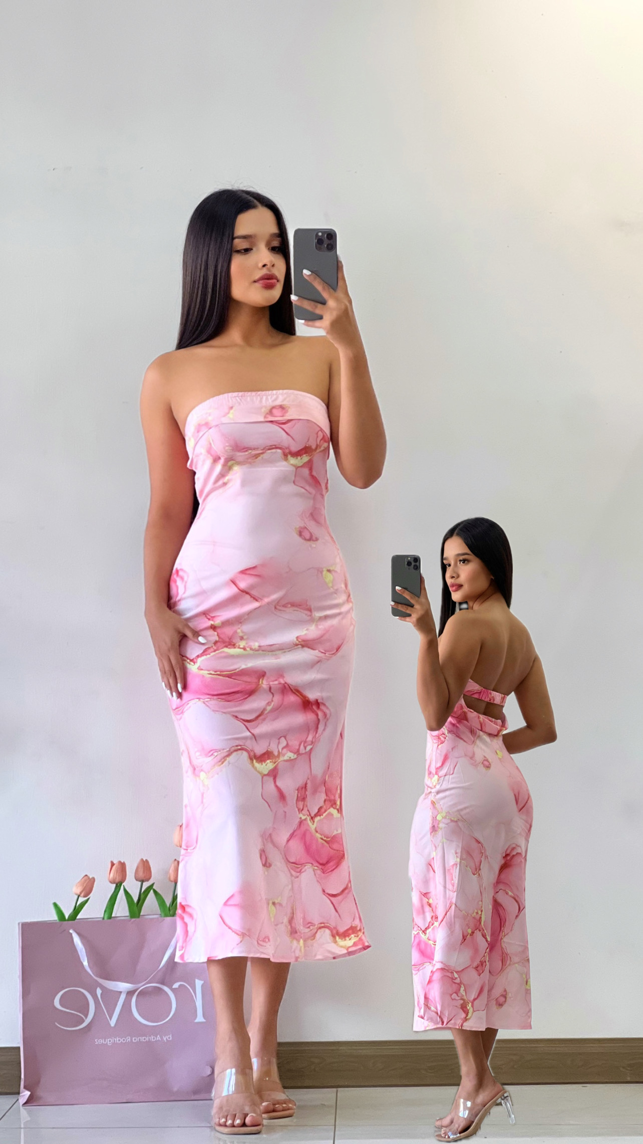Vestido midi strapless marmol rosa