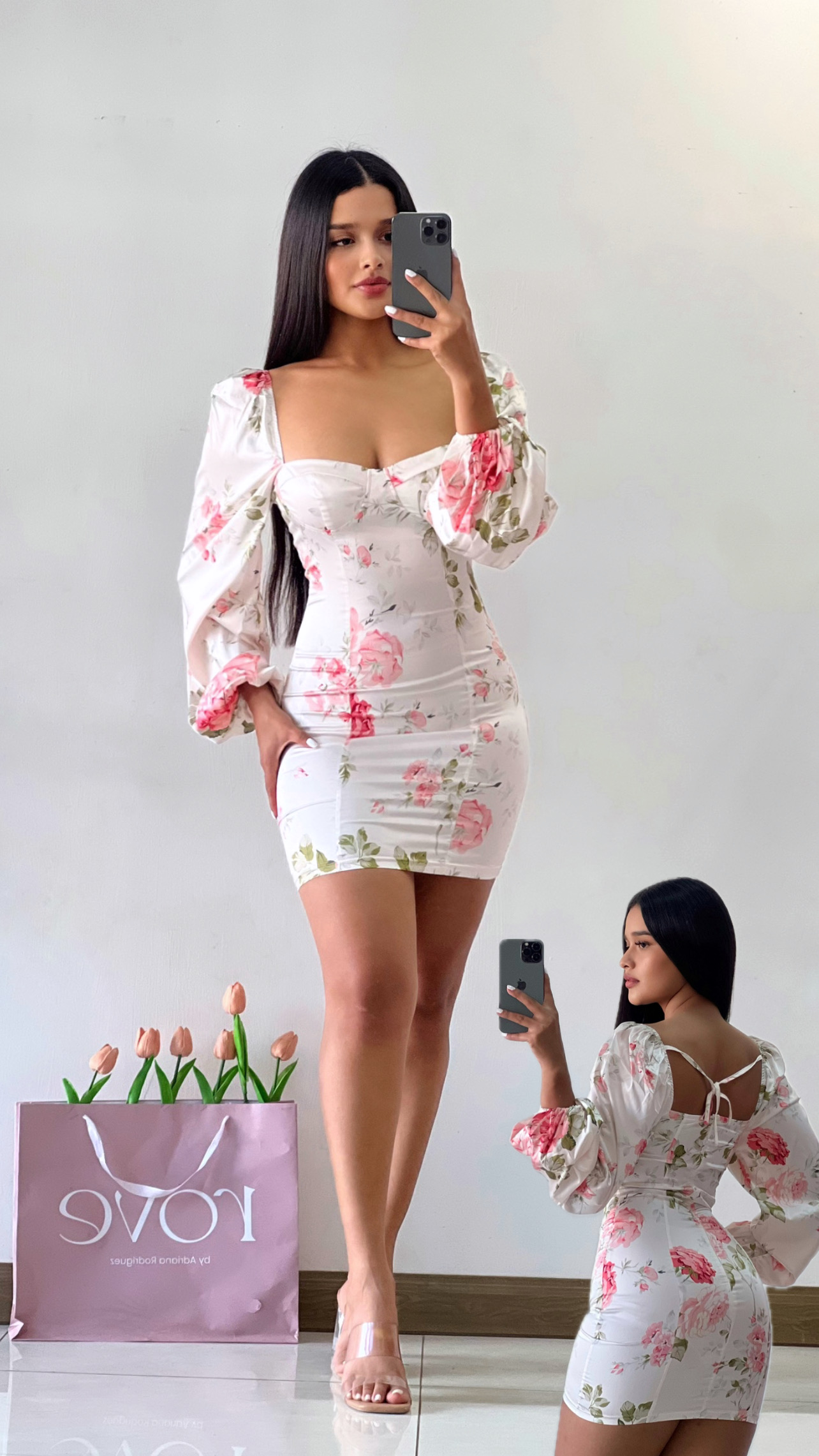 Vestido corto manga larga estampado floral blanco